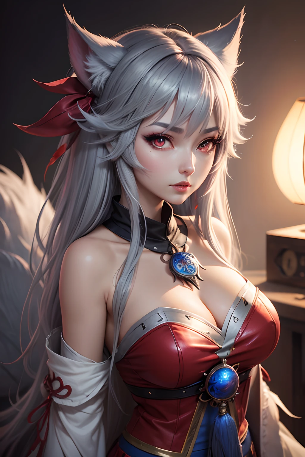 ahri, Grey hair, Red Eyes, league of legends,girl,anime ,anime eye, bell hairpin, shaman