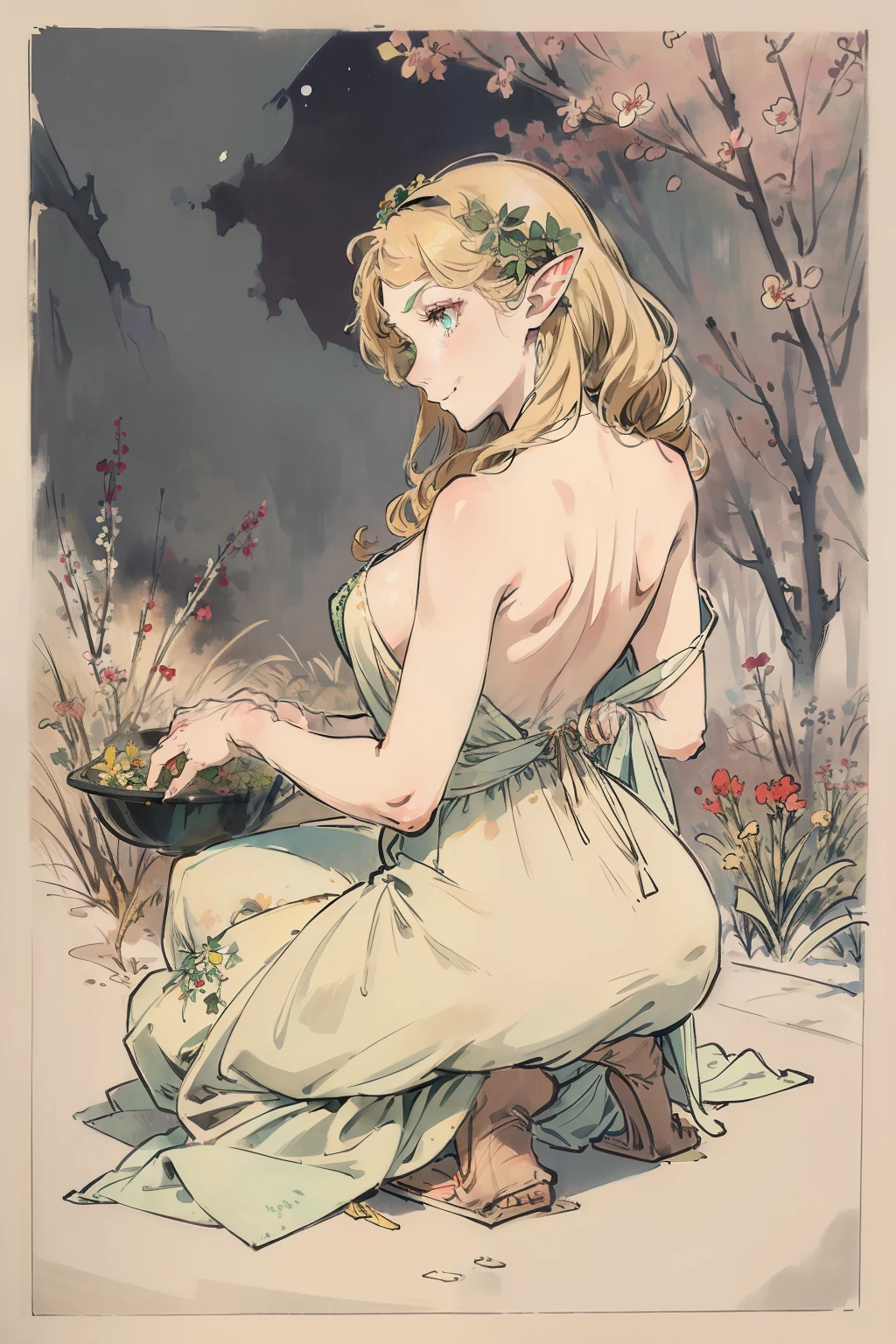 SFW,masutepiece, Best Quality, High resolution, 1girl in, Full body, Details Girl, detail hands, Detail fingers, Detail Face, detail legs, 1girl in, elf, Looking down, Flower Garden, Black sky, smog, watercolor paiting, pale skin, Petite, Blonde hair, Long hair, Wavy Hair, saddened, mournful smile, Green eyes, tareme, medium breasts, white sundress, Bare back, Kneeling, Planting trees