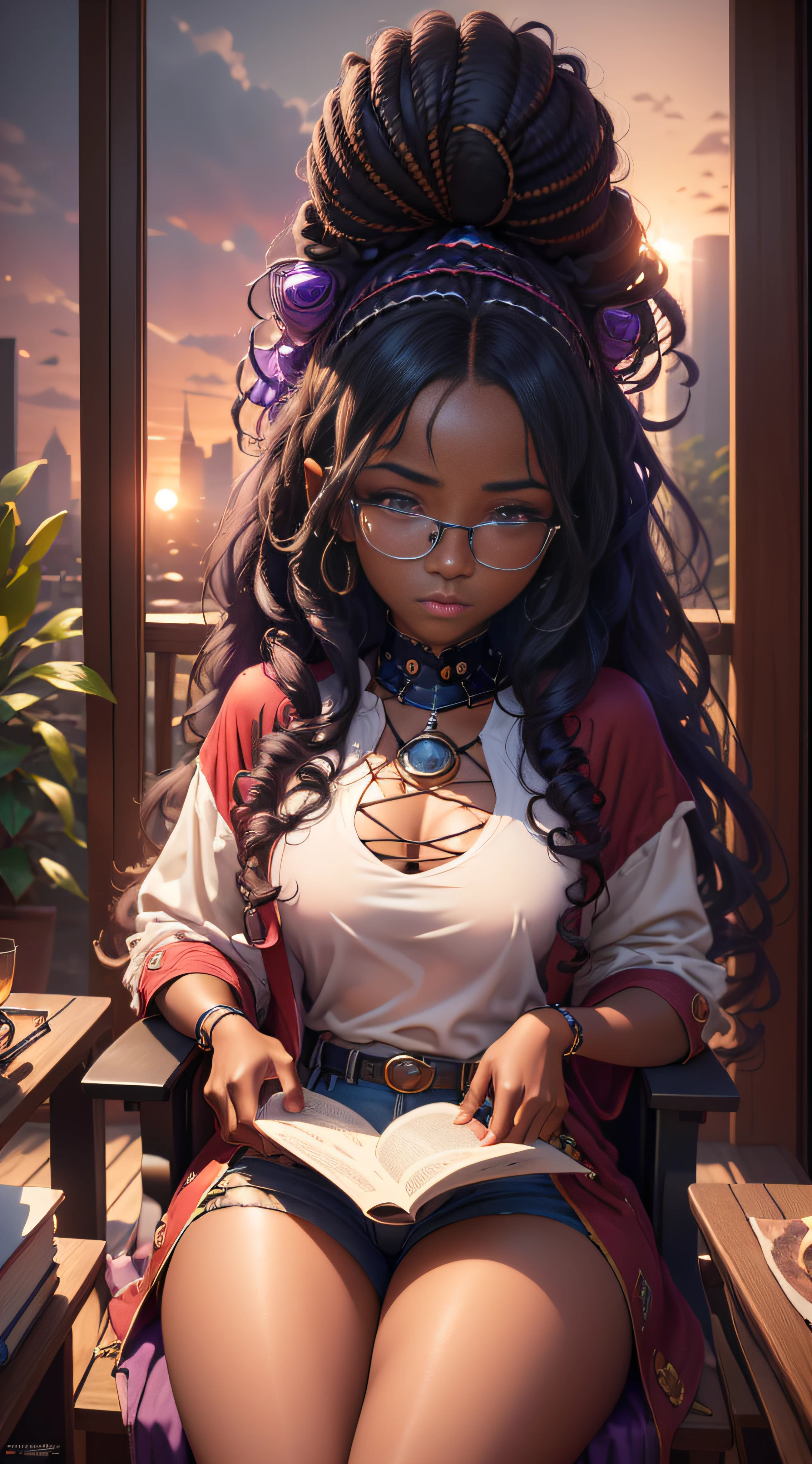 realistic portrait of a cute twenty-year-old African-American girl ((dark skin color)) reading a book, ((sitting in a chair by the window during a sunset)), ((wearing glasses, suffers from heterochromia)) dressed in a purple sweatshirt and jeans, current fashion, long curly hair, mega curly, ((kanekalon)), dark background lighting,  close-up, product vision, detailed facial details, perfect face, sharpness, trend art, sharp facial details, cgsociety, ultra high quality digital art, hyper exquisite details, 4K, 8K soft lighting, dreamy --ISO 100, fashion