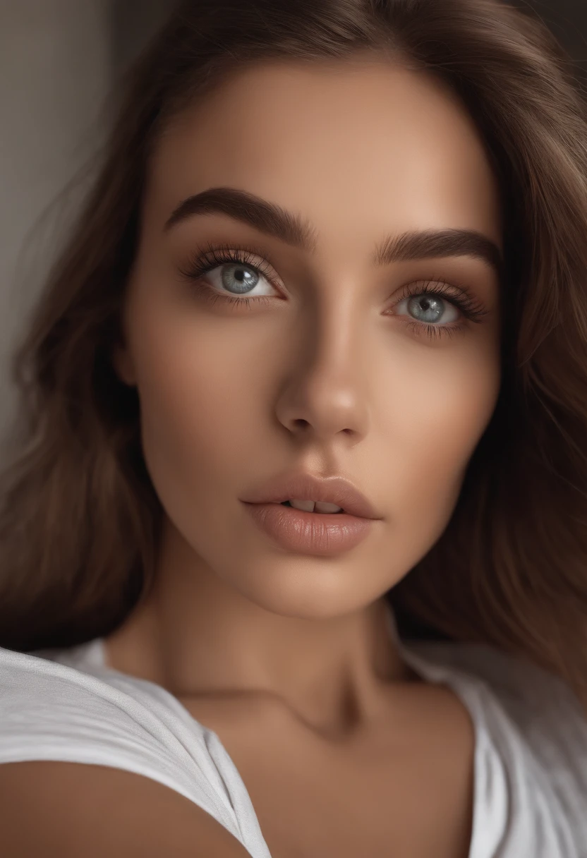 Arafed woman completely , fille sexy aux yeux bruns, ultra realist, Meticulously detailed, Portrait Sophie Mudd, cheveux bruns et grands yeux, selfie of a young woman, Yeux de chambre, Violet Myers, sans maquillage, maquillage naturel, looking straight at camera, Visage avec Artgram, Maquillage subtil, Great photo of the whole body kneeling on the bed, dans la chambre, Medium to large bust