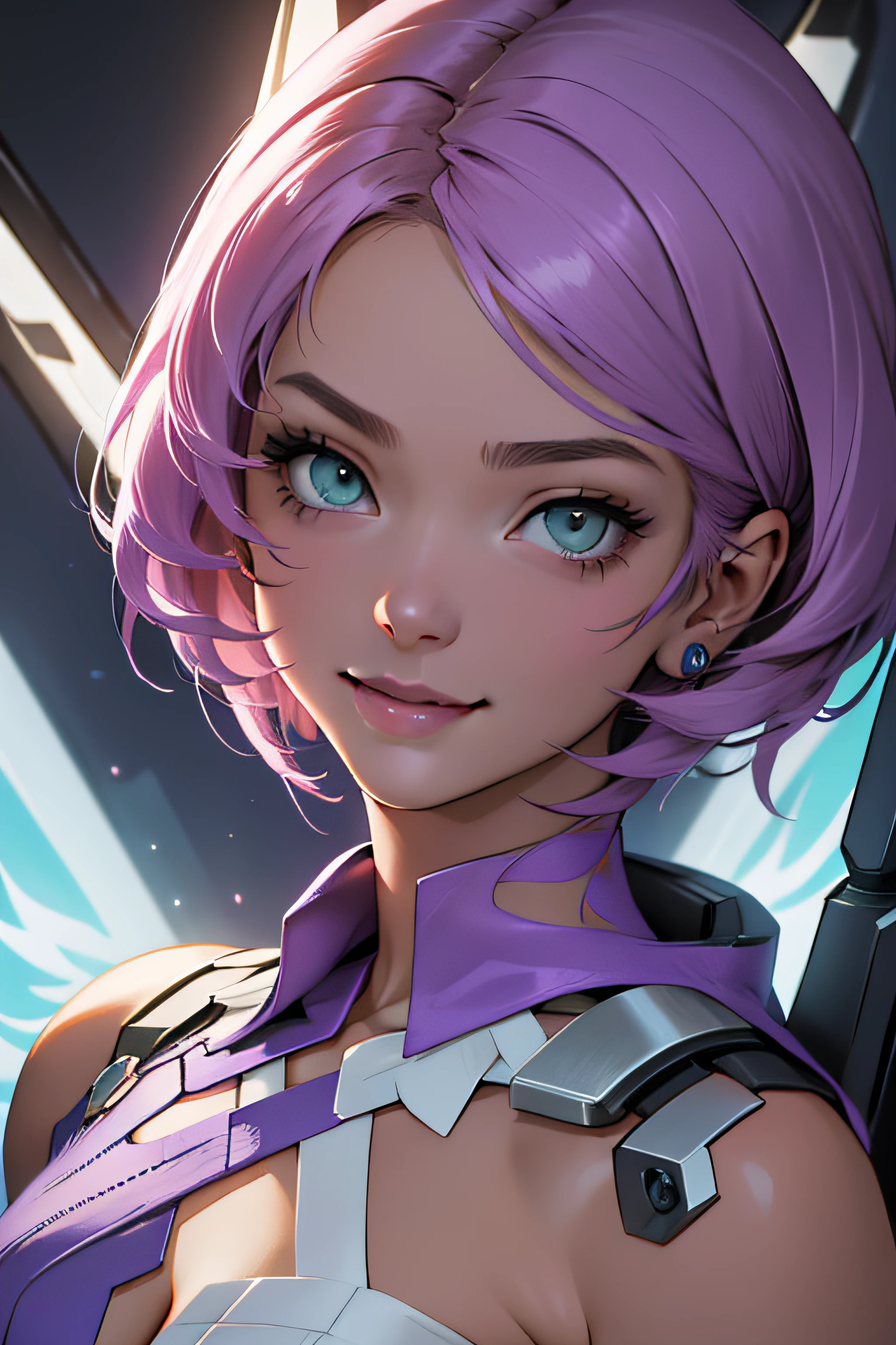 Alisa a robotic fantasy girl with robotic face, estilo de cabelo rosa, vestindo uma camiseta branca, Happy face and small smile with blue lips, grandes olhos verdes, fundo roxo simples, make it for the NFT market, cabelo curto rosa multicor, mechanical wings, Tekken