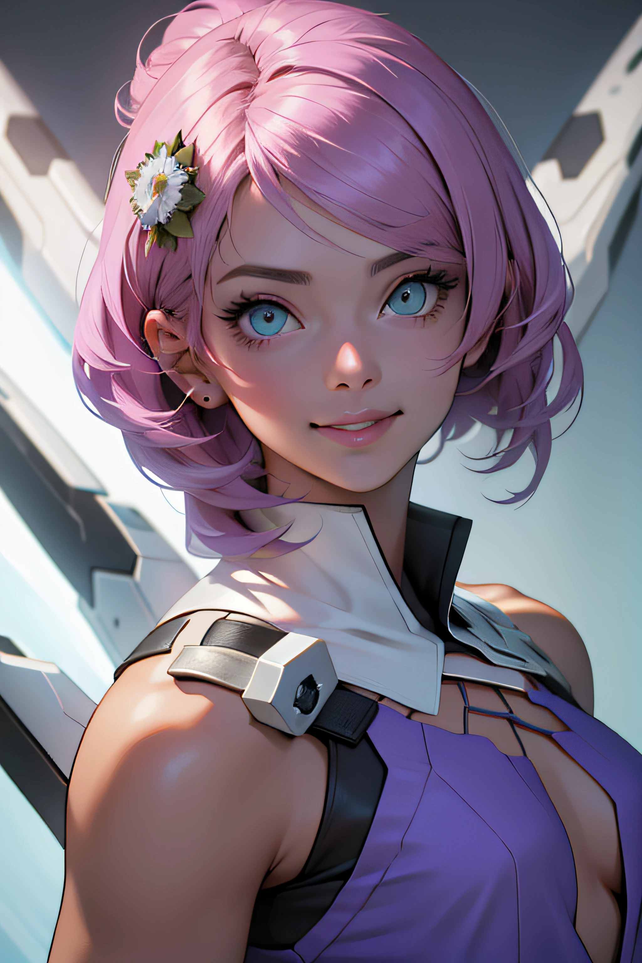 Alisa a robotic fantasy girl with robotic face, estilo de cabelo rosa, vestindo uma camiseta branca, Happy face and small smile with blue lips, grandes olhos verdes, fundo roxo simples, make it for the NFT market, cabelo curto rosa multicor, mechanical wings, Tekken