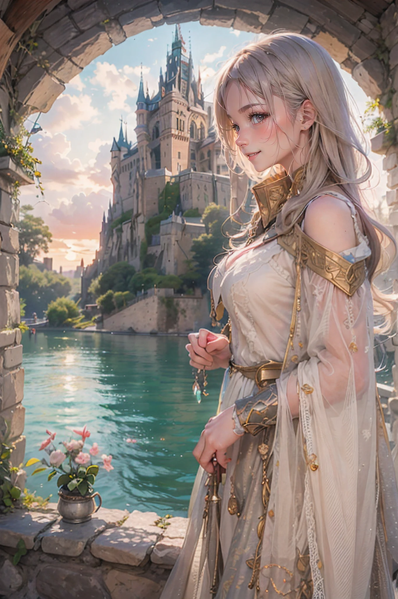 "((Surreal)) painting of a serene ((girl)) enjoying tea in a whimsical space garden, vibrant galaxy backdrop, intricate train winding through the celestial flora, dreamy atmosphere, ethereal colors, ((fantasy)) scene