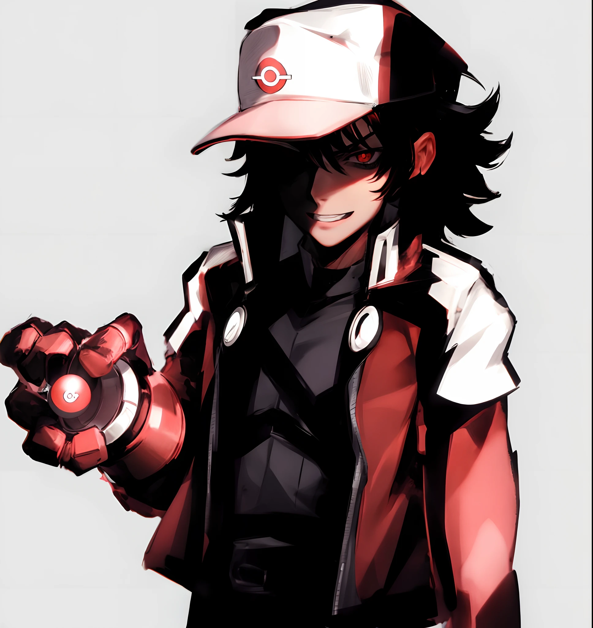 male, red and white hat, red background, pokeball, gloves, red eye, menacing face, dark hair, hd, highres
