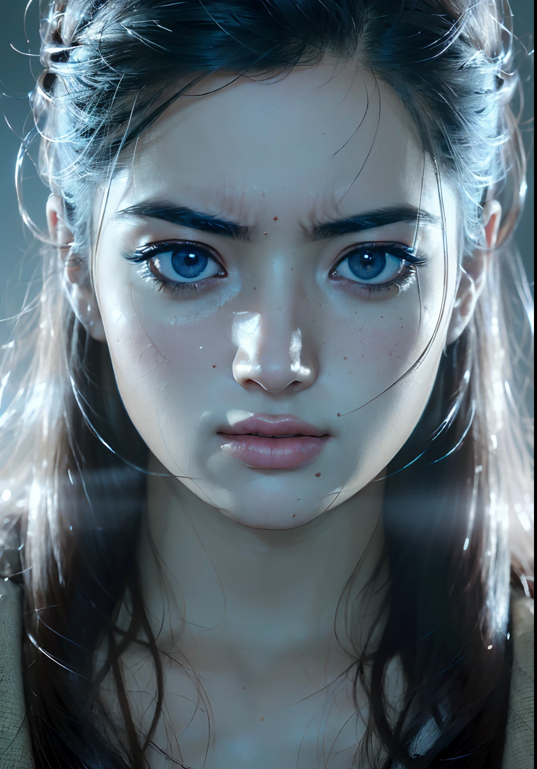 A close up of a woman with blue eyes and a ponytail - SeaArt AI