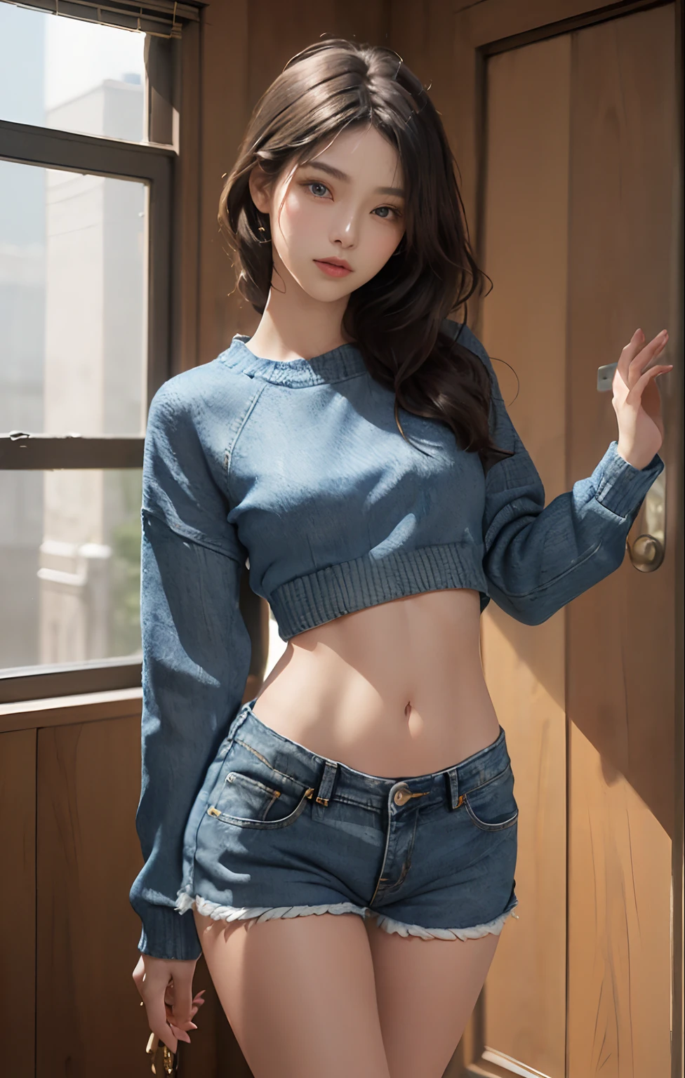 8k, Masterpiece, best quality, realistic, very detailed, 1 woman, healthy body, realistic skin texture, big breasts, staring at the audience, Crop shirt, Short t-shirt, tank top, underboobs, (Torn shirt), under , Glowing skin, alone, tattoo, decorate, pink lips, long hair, blue eyes, sharp eyeliner, Eye shadow blush with thick eyelashes, Very delicate and beautiful, round chin,gag, hips up, Open the abdomen., small low waisted shorts, Reveal beautiful skin., (สวมTorn clothes.),(Torn clothes),movie light, Face focus, good eyes, detailed face, The face was bright....., During the day, Outdoor coffee shop in the background, Low angle shot, View from below,รอยtattooสวยๆ,small belly cake