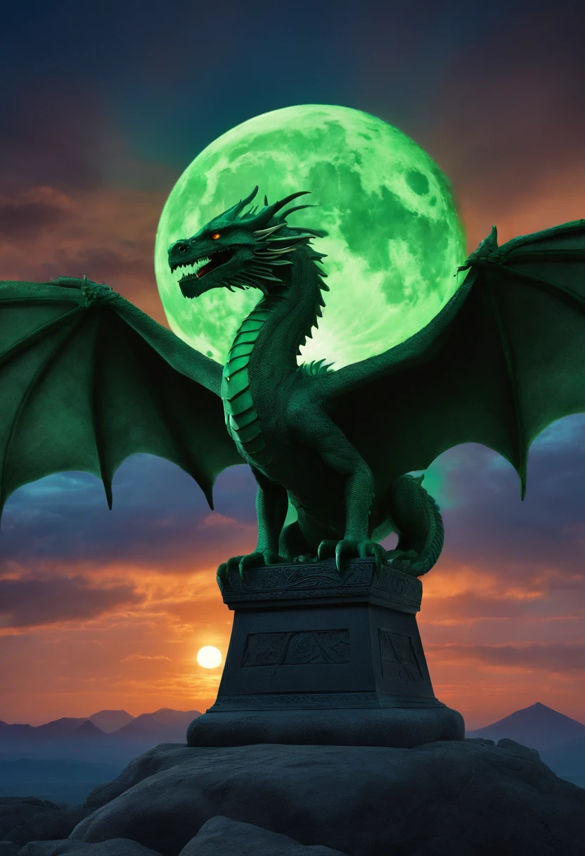 a large green and emerald dragon, sitting on an ancient Egyptian altar, has dark green eyes glowing in the twilight, there are heroglyphs on the walls, in the background you can see a volcano from which blue lava flows. The sky is clear and the full moon is visible.