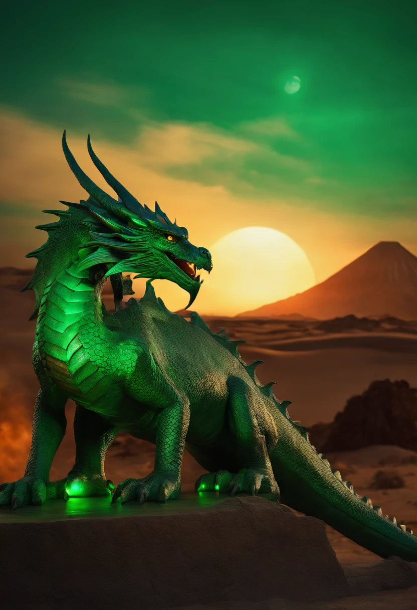 a large green and emerald dragon, sitting on an ancient Egyptian altar, has dark green eyes glowing in the twilight, there are heroglyphs on the walls, in the background you can see a volcano from which blue lava flows. The sky is clear and the full moon is visible.