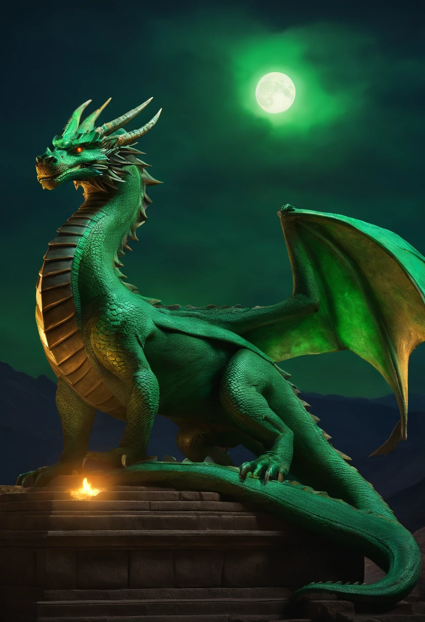 a large green and emerald dragon, sitting on an ancient Egyptian altar, has dark green eyes glowing in the twilight, there are heroglyphs on the walls, in the background you can see a volcano from which blue lava flows. The sky is clear and the full moon is visible.