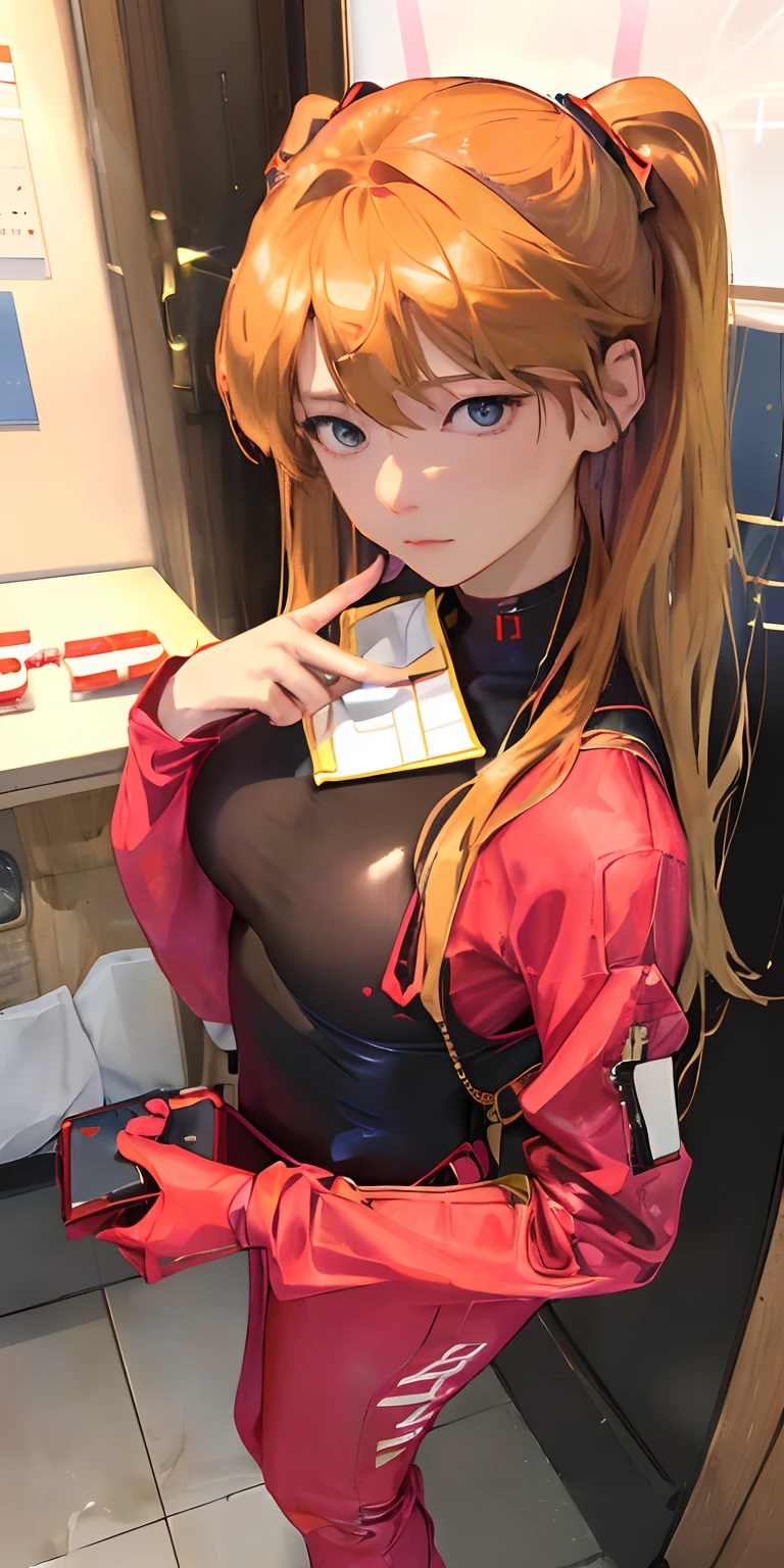 (​masterpiece, top-quality, hight resolution, Official art, Beautifully Aesthetic:1.2), (Overhead view),dynamic ungle,ultra-detailliert, 3D Illustration, (Photorealsitic:1.4), Realistic, A hyper-realistic, highestdetailed, a closeup, straight-on, (1girl in:1.3),
 ((Souryu Asuka Langley、Interface headset、red body suit:1.4、a blond))、Her eyes shone like dreamy stars(radiant eyes:1.233)、(beautifully detailed eyes:1.1)、(deadpan、a closed mouth)、(is standing)、
(Mechanic's room with tools and spaceship window in white spaceship)、
(natta:1.2)、dream-like、[[Delicate fingers and hands:0.55]::0.85]、(detail finger)、