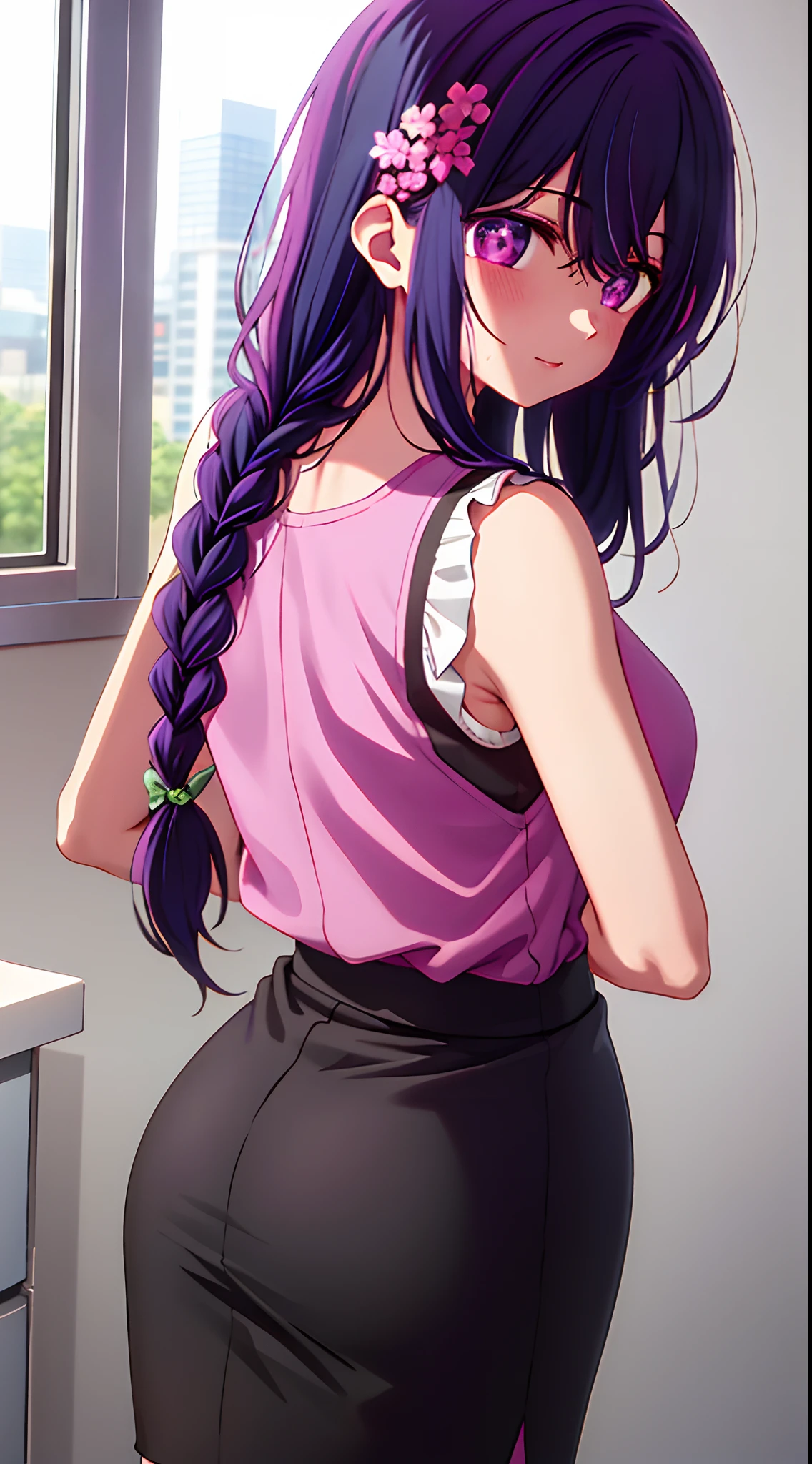 masterpiece, ultra-detailed hair, better lights, better shadows,1hoshino ai, breasts, skirt,dark purple hair, solo, long hair, large breasts, purple eyes, braid, ass, looking at viewer, braided ponytail, hair ornament, sleeveless, hair flower, black skirt, shirt, indoors, flower, looking back, bangs, bare shoulders, pencil skirt, from behind, window, thighs, mole under eye, sleeveless shirt, pink shirt, blush, bare arms, office lady, very long hair, plant, contemporary, parted lips, miniskirt, single braid, closed mouth, purple flower, pantyhose, ribbed shirt,