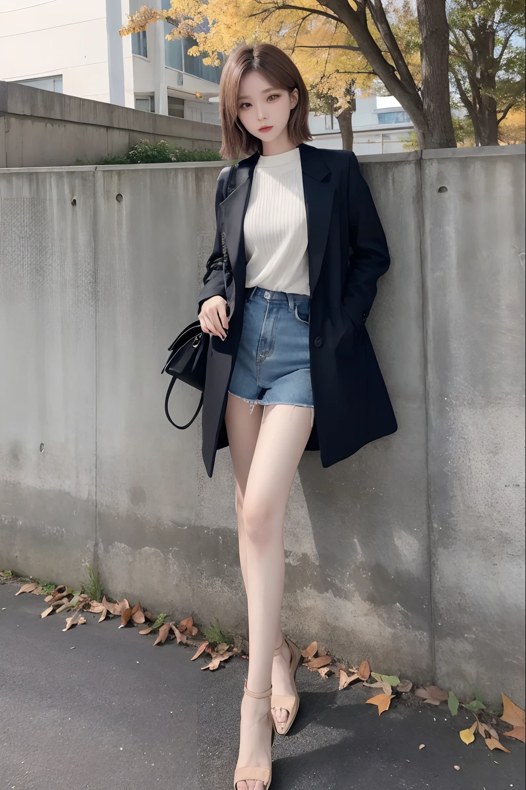 Top image quality、Raw photography、超A high resolution、An 18-year-old woman、Shooting for one person only、modelshoot、Autumn outfit、Fashionable clothes、Beautiful Eyes of Details、student clothes、very elongated eyes、Beautiful eyelashes、Beautiful double eyelids、very slender legs、Shorthair with light brown hair、very slender physique、Gray walls