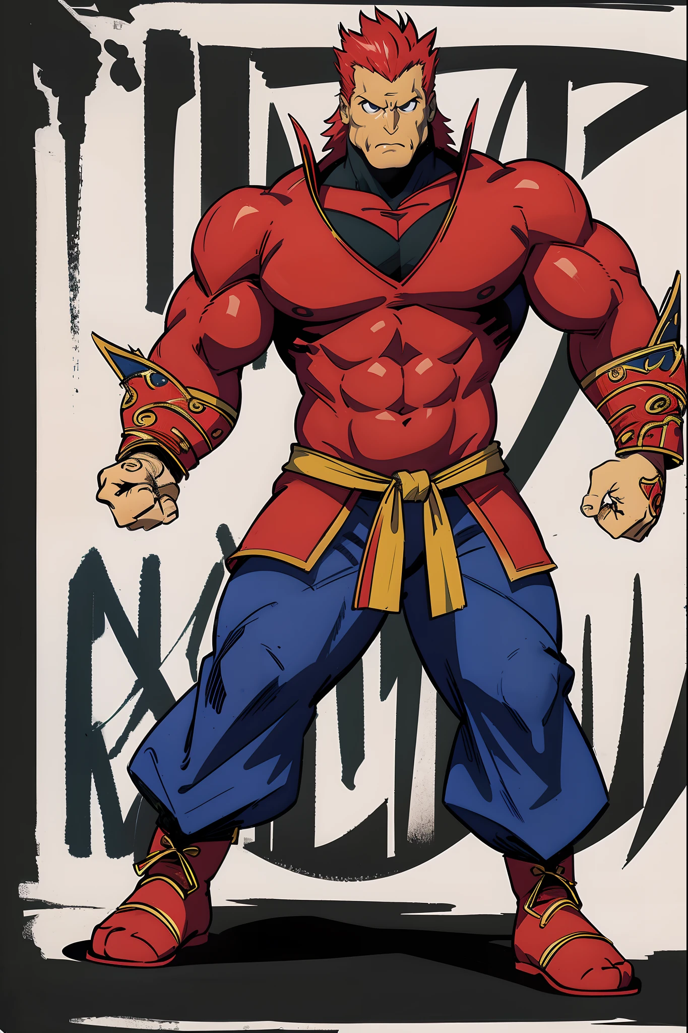 Captain_Pronin, 1man, highres, high quality, masterpiece, ultra-detailed, l manly,fantasy, pose, future,, full body, warrior, martial art, standing, pullover,barbarian, chinese cloths, pullover
