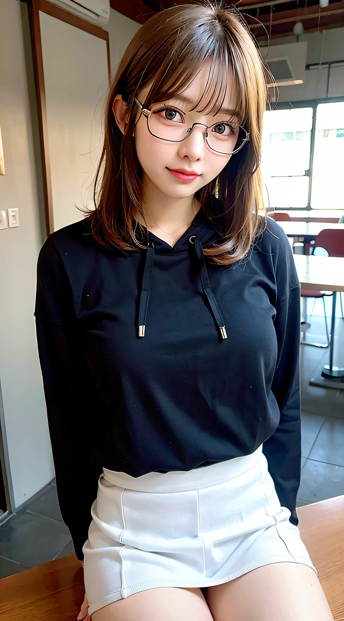 1girl, beautiful girl, wearing eyeglasses, brown skin, small mole on her right cheek, half body, Body Length 150 cm, 20 years old, brown skin girl, .(short black hair, Street hairstyle) , (black eyes), realistic eyes, beautiful and big eyes), masculine clothing, Boys clothes, Wearing sneakers, Small breasts, (8k wallpaper), (Living room wallpaper) 8k, high quilty, realistic, beautiful realistic, Cool details, raw photo, realistic clothing, short hair, black hair, realistic hair, Light and cool lighting, photo realistic, Cel shaded, Gel lighting, ultra details
