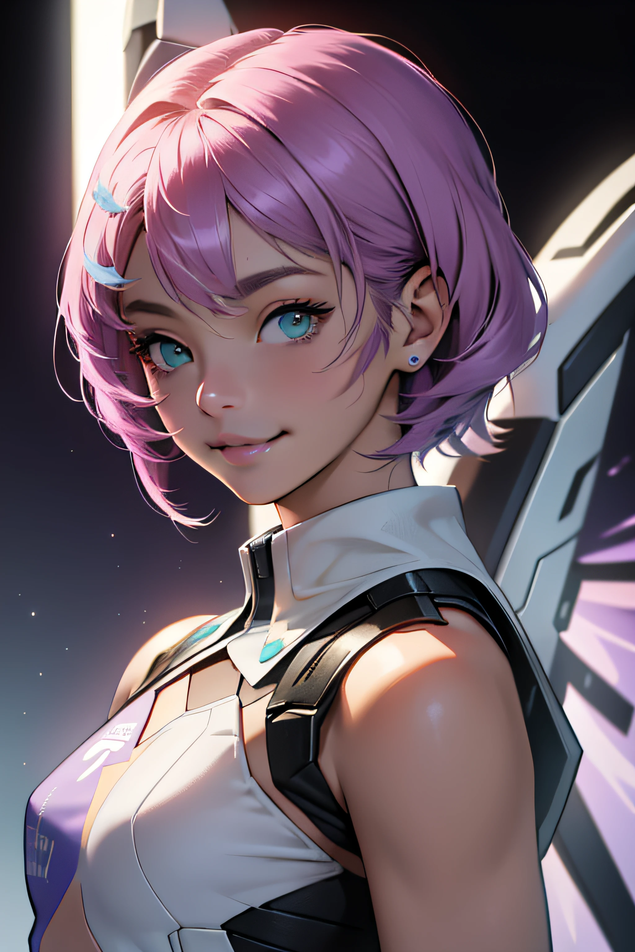 Alisa a robotic fantasy girl with robotic face, estilo de cabelo rosa, vestindo uma camiseta branca, Happy face and small smile with blue lips, grandes olhos verdes, fundo roxo simples, make it for the NFT market, cabelo curto rosa multicor, mechanical wings, Tekken