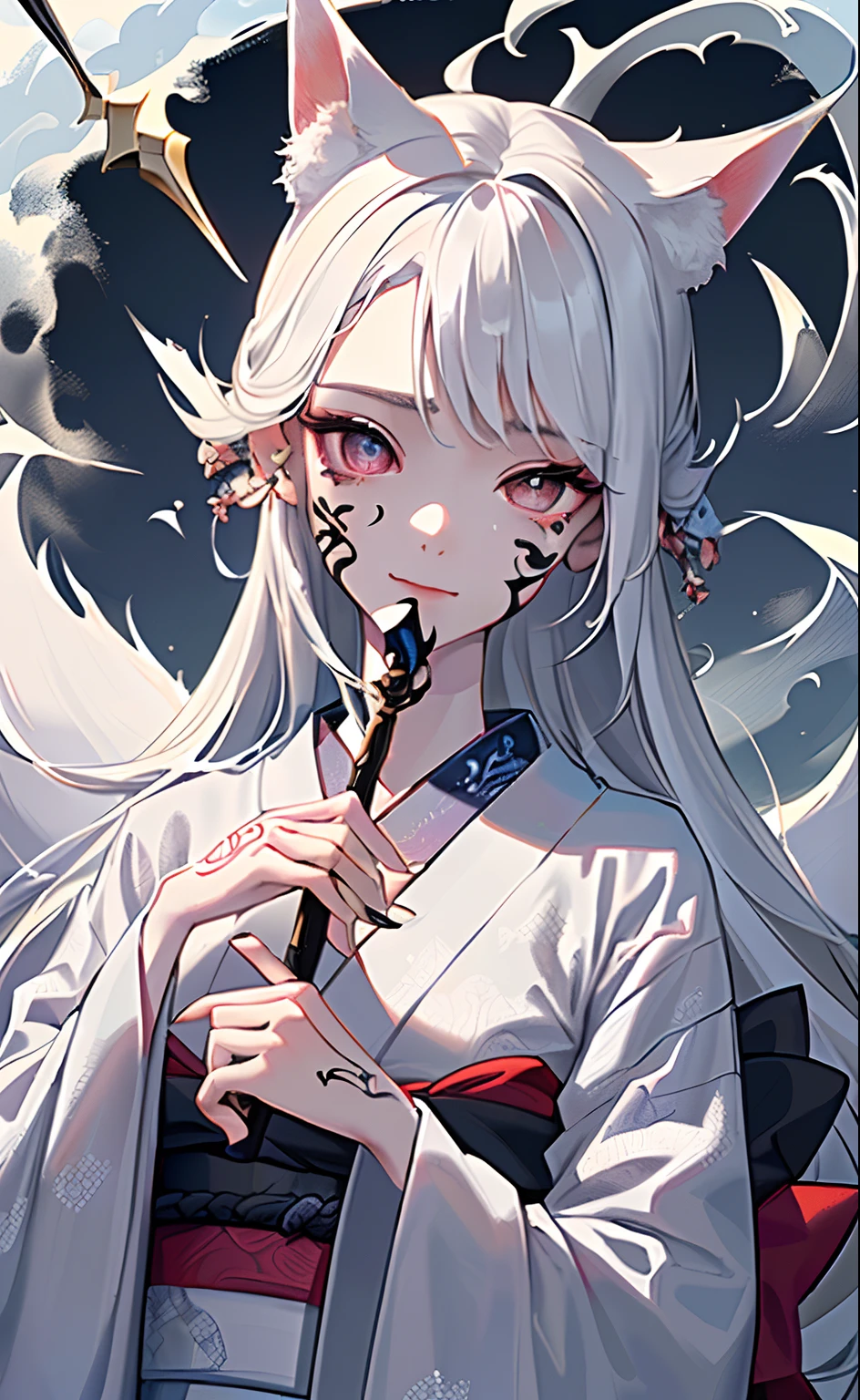 cigarette,Pipe,Gray Hair,,neutral,kimono,Black background,An illustration,Fantasy,1 person,Twin tails