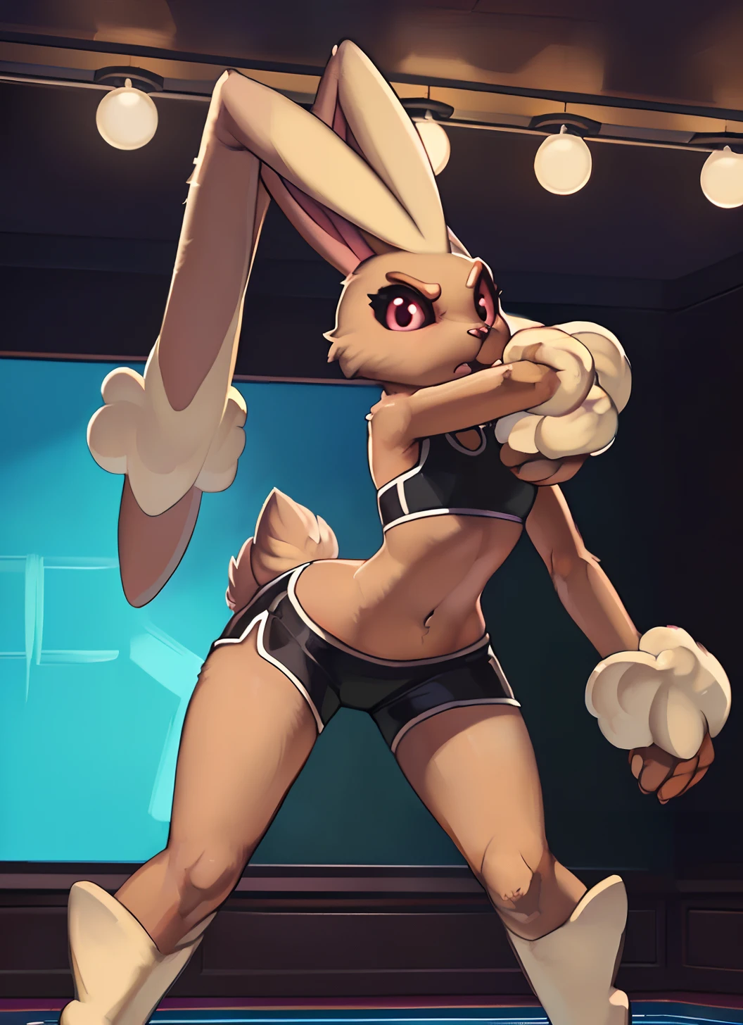 [pokemon; lopunny], [Uploaded to e621.net; (Foxovh), (Pixelsketcher), (mayosplash)], ((masterpiece)), ((HD)), ((High Quality)), ((solo portrait)), ((full body)), ((front view)), ((feet visible)), ((furry; anthro lop bunny girl)), ((detailed fur)), ((cel shading)), ((detailed shading)), ((beautiful render art)), {(anthro pokemon; lopunny, brown fur, (long floppy bunny ears), (ears down back like hair), (small fluffy beige rabbit tail), (beige fur on feet), (angry), (expressionless), (long beige fluffy eyebrows), gorgeous hips}, {(teal sports bra), (black spandex shorts teal lining)}, {(bending over), (stretching), (looking down at viewer)}, [background; (mma ring), (ceiling lights), (ambient lighting)]