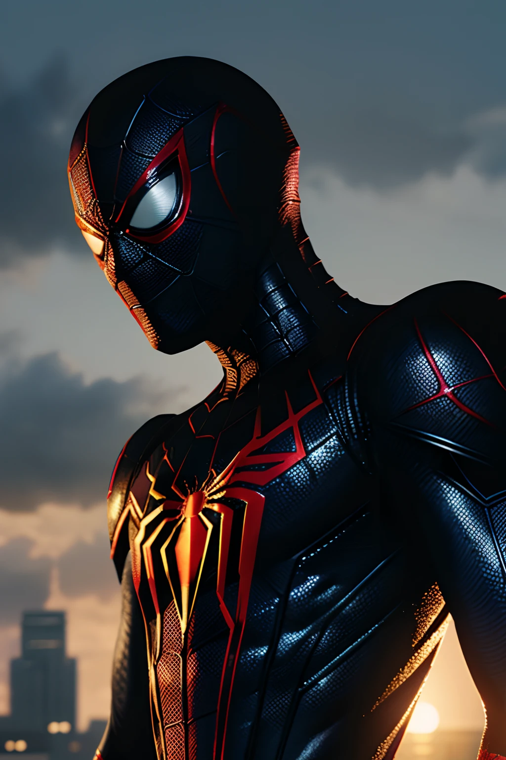 Black-Spiderman, robot armor, Miles Morales, perfect lighting, head picture, look at camera, with a broken mask, ultra realistic 4k, award-winning digital art, (extremely detailed: 1.5), (soft lighting:1.2), high town background. Text Spiderman