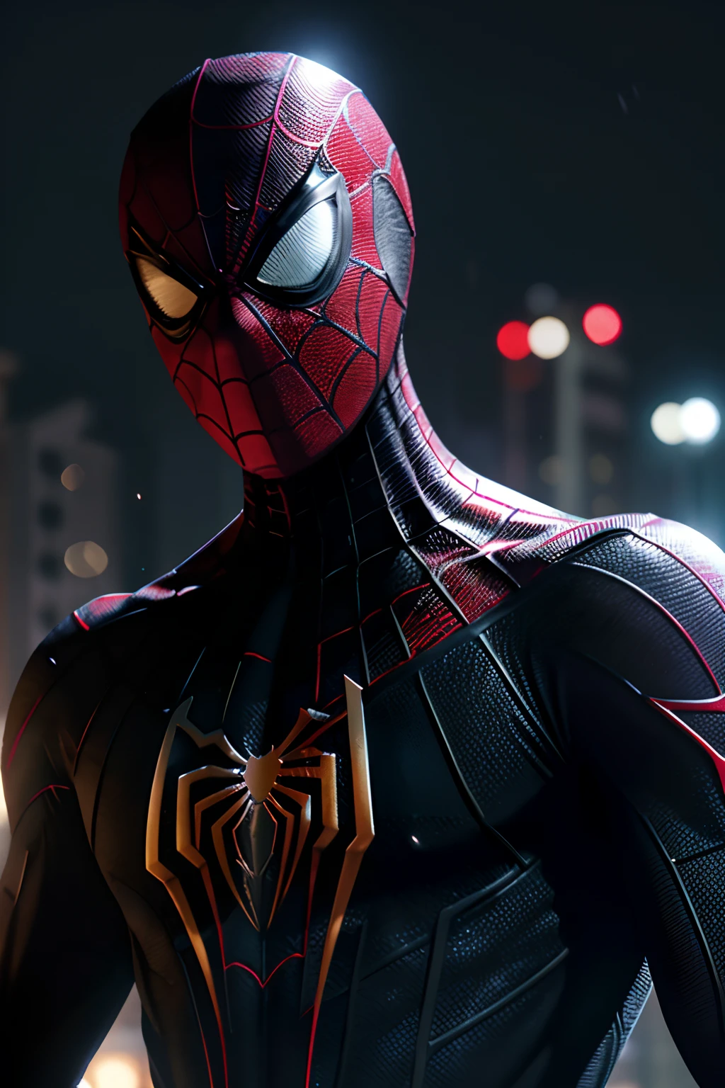 Black-Spiderman, robot armor, Miles Morales, perfect lighting, head picture, look at camera, with a broken mask, Night, Hard Rain, ultra realistic 4k, award-winning digital art, (extremely detailed: 1.5), (soft lighting:1.2), high town background. Text Spiderman