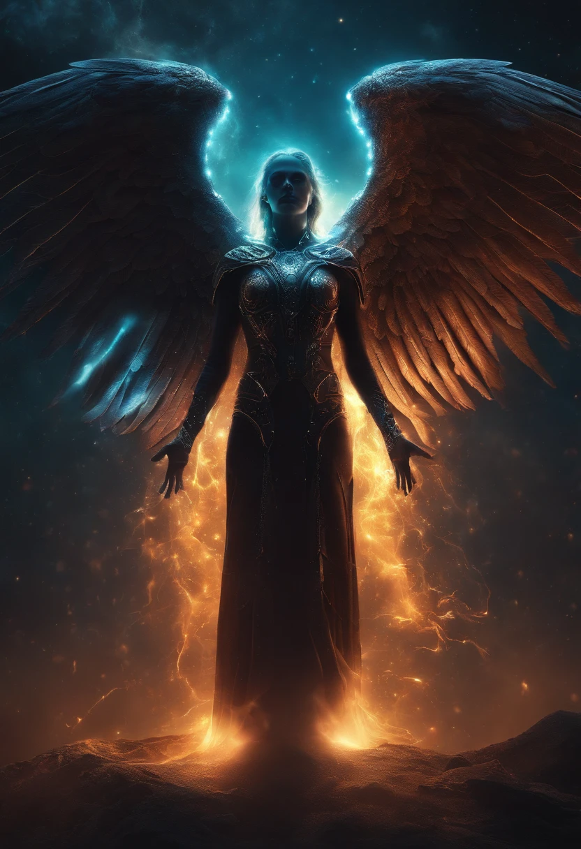 Cosmic Fallen Angel, glowing light eyes, Biomechanical, eerie, Creepy, nightmarish, Very bright colors, Light particles, with light glowing, Mshiff, wallpaper art, UHD wallpaper
