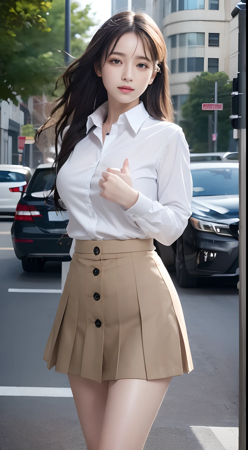 (A hyper-realistic), (illustratio), (hight resolution), (8K), (A highly detailed), (The best illustrations), (Beautiful detailed eyes), (top-quality), (Very detailed), (​masterpiece), campus,University, (Detailed face), Solo, 1 girl, White wavy hair, large full breasts, Plump buttocks、Long leg, Firm abs,Pleated skirt,Button shirt with wet collar,20 years old,,Street,Looking back,Skirt blowing in the wind,(((Pose with your hands on your skirt、lift up one's skirt))),(((Detailed hand、Detailed finger)))((()))