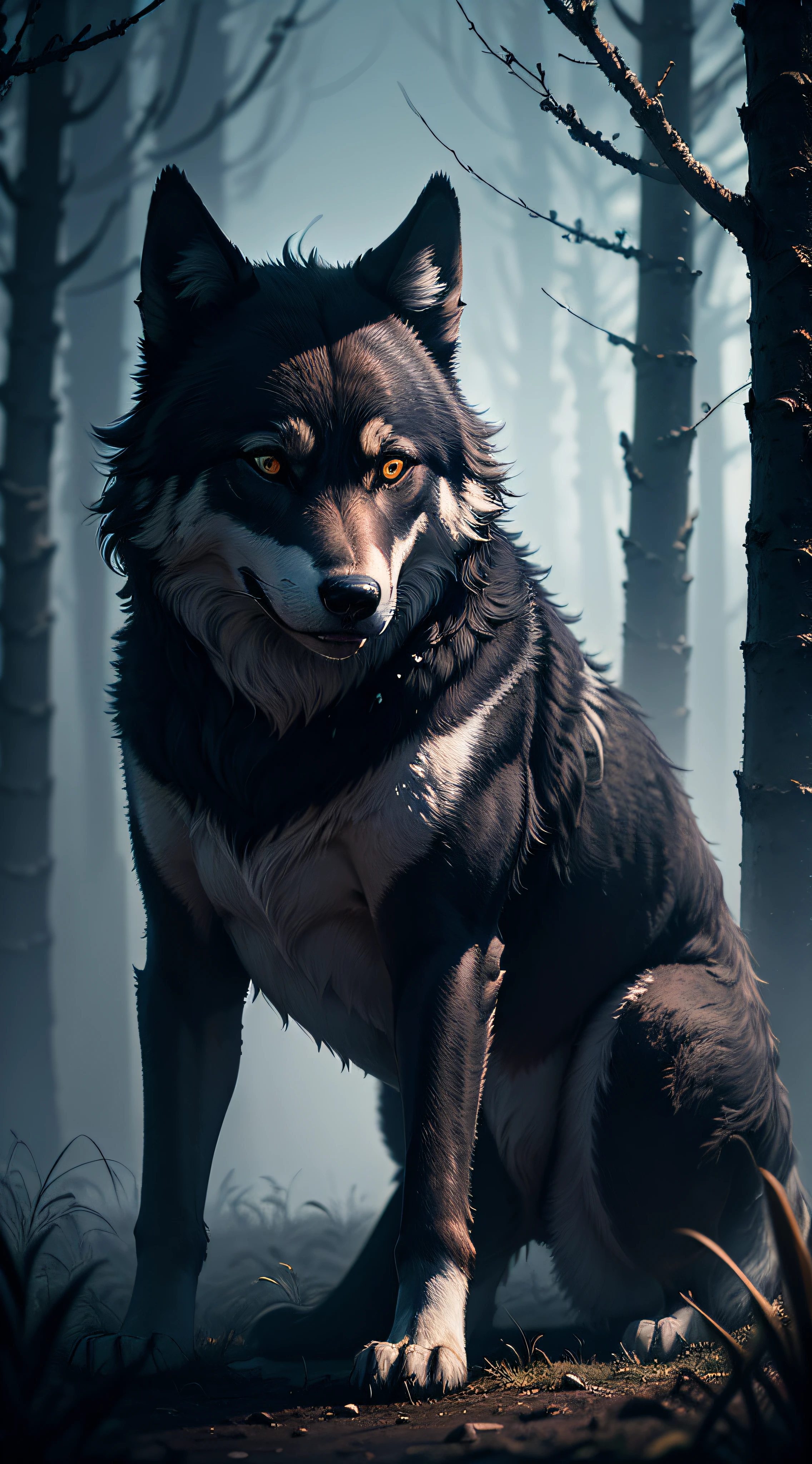 (detailed description) (best image) (4k) black wolf, magic forest, fog, light, forest scenery, horizon, white wolf, neon light --auto