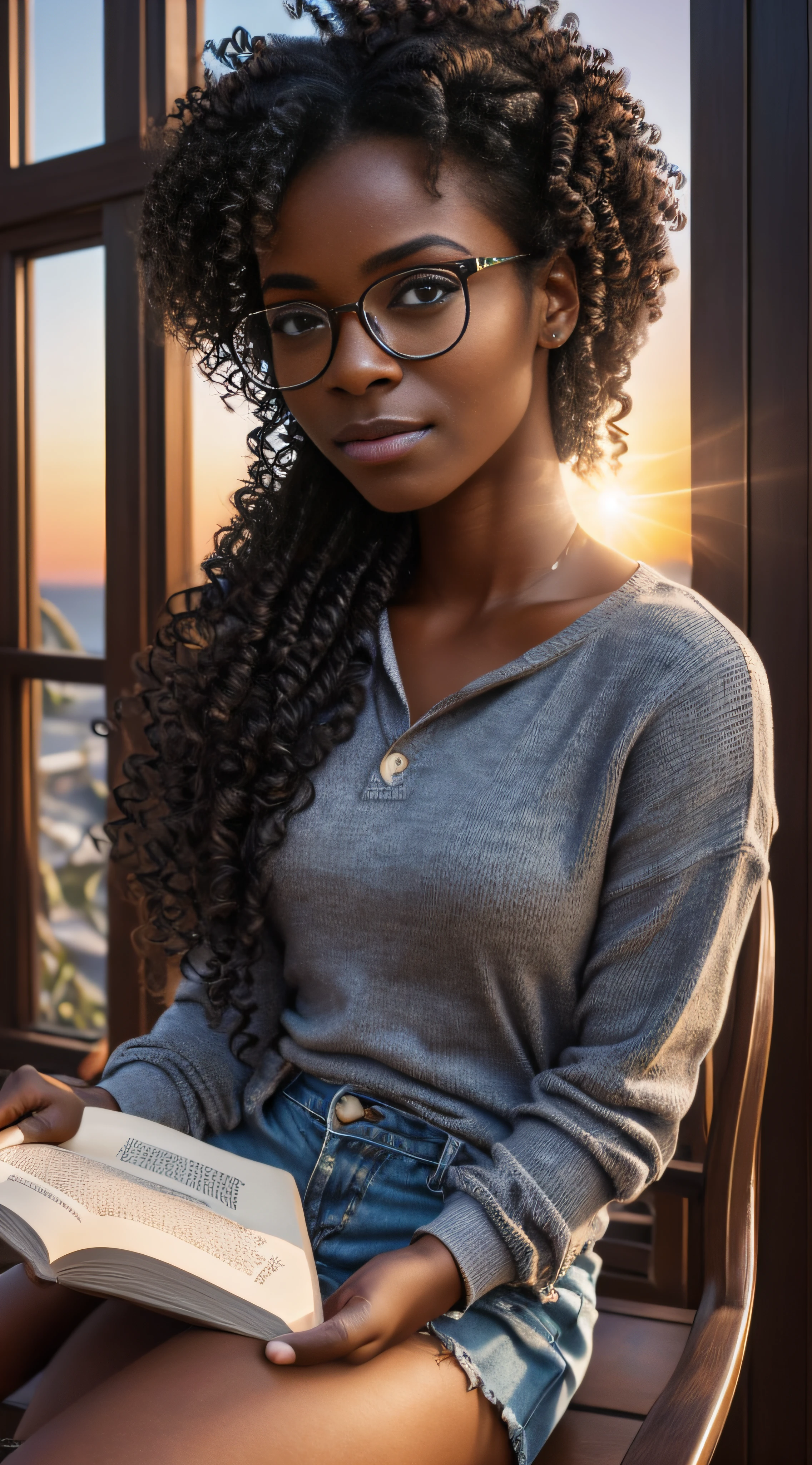 realistic portrait of a cute twenty-year-old African-American girl ((dark skin color)) reading a book, ((sitting in a chair by the window during a sunset)), ((wearing glasses, suffers from heterochromia)) dressed in a purple sweatshirt and jeans, current fashion, long curly hair, mega curly, ((kanekalon)), dark background lighting, close-up, product vision, detailed facial details, perfect face, sharpness, trend art, sharp facial details, cgsociety, ultra high quality digital art, hyper exquisite details, 4K, 8K soft lighting, dreamy --ISO 100, fashion