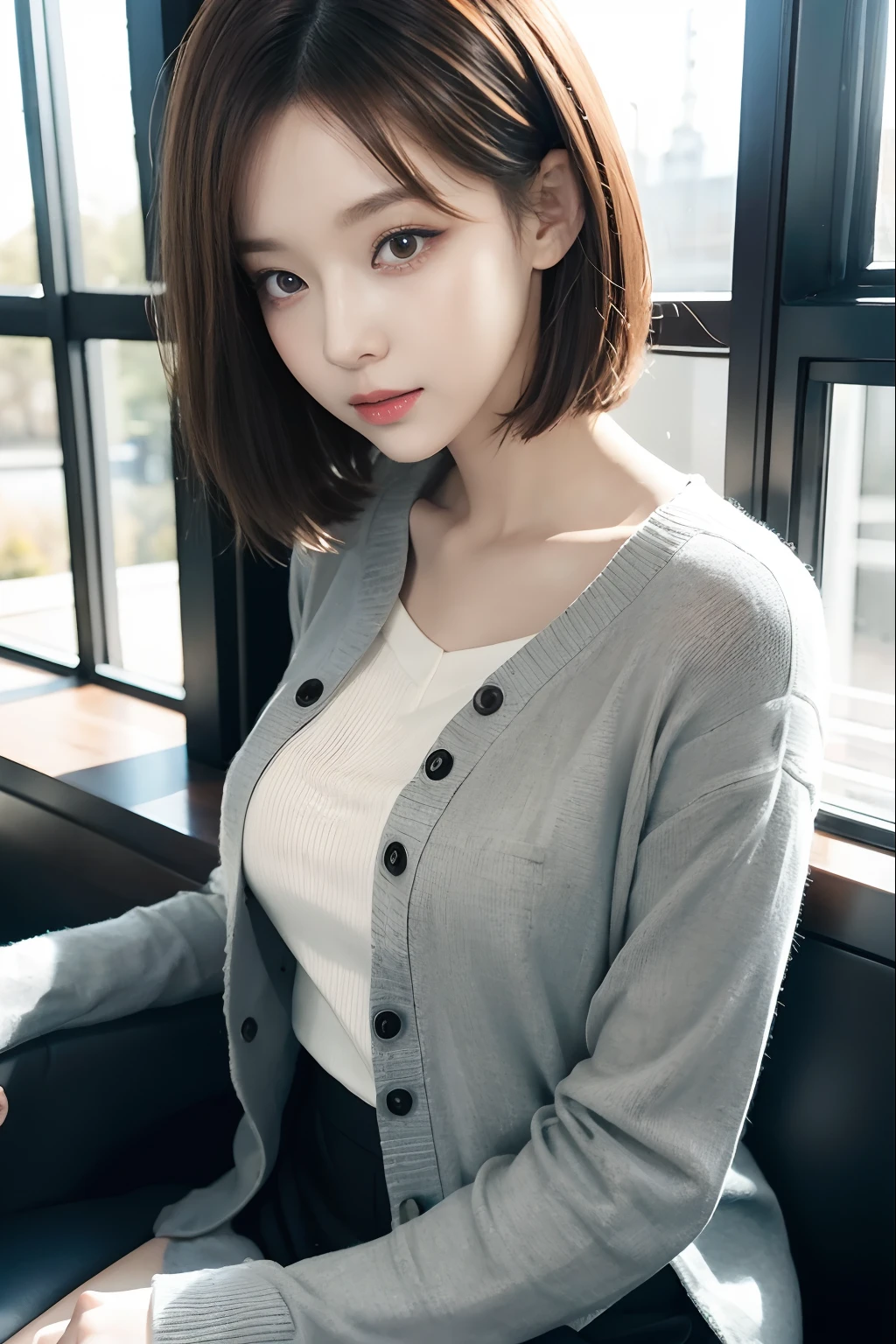 Top image quality、Raw photography、超A high resolution、An 18-year-old woman、Shooting for one person only、modelshoot、Autumn outfit、Fashionable clothes、student clothes、Beautiful Eyes of Details、very elongated eyes、Beautiful eyelashes、Beautiful double eyelids、very slender legs、Shorthair with light brown hair、very slender physique、Gray walls