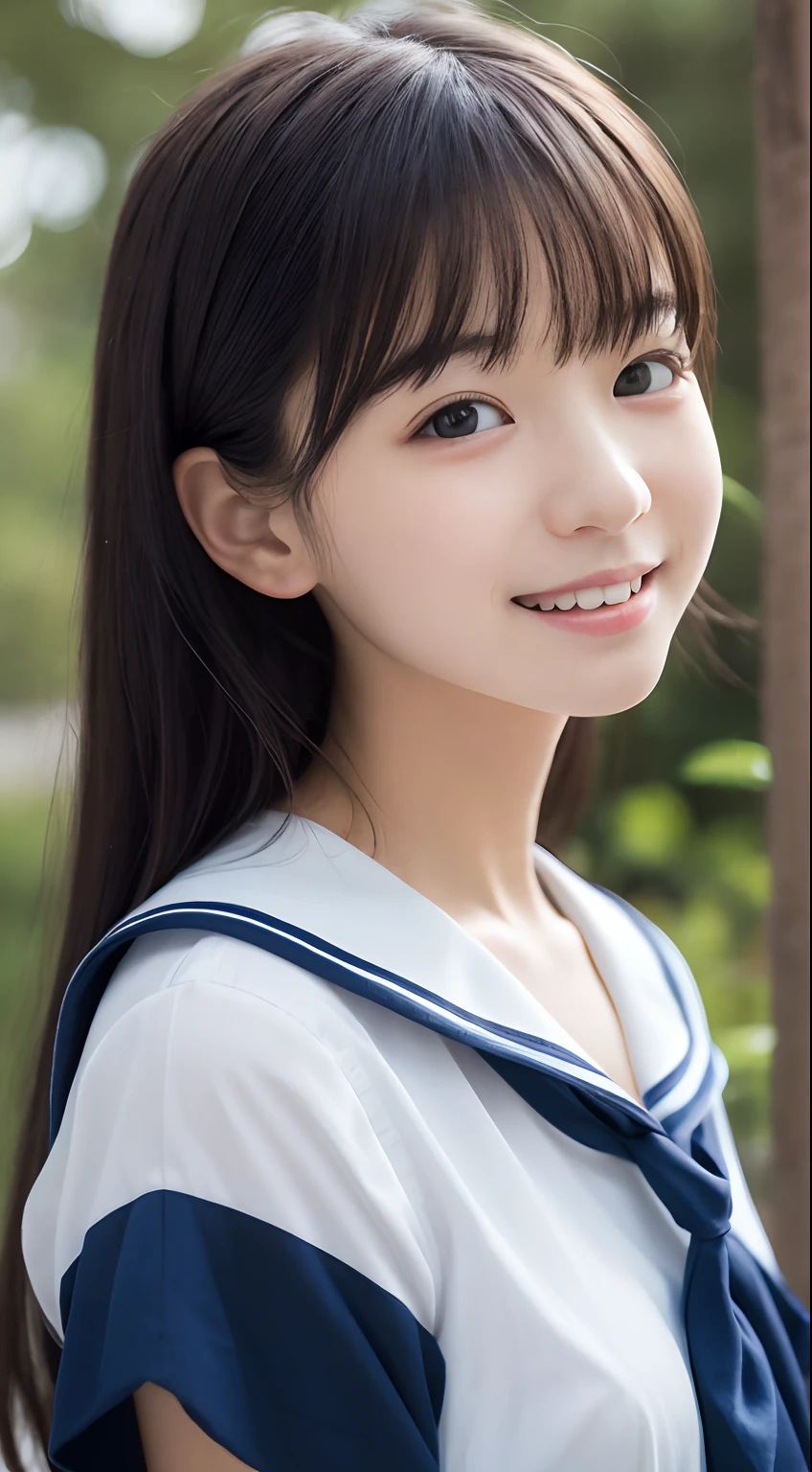 hight resolution, Photorealsitic, Extremely delicate and beautiful, Best Quality, A photo of a cute Japanese high school girl wearing a sailor suit, Walking through the school corridors, pale skin, beautiful and detailed face, Beautiful and clear eyes, Delicate figure, (short braid:1.3). Lots of bangs, Slender body, happy smile showing teeth, Face Close-up