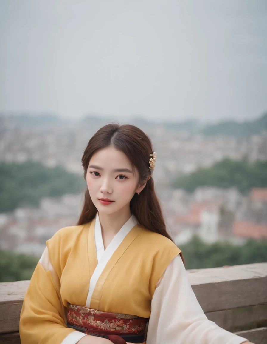 polaroid photo, , 1girl, dynamic composition, engaging pose, soft yet striking lighting, shallow depth of field, bokeh from city lights, sharp details, highly detailed, hyper-realistic, 50mm lens, naturally blurred background,(hanfu, tang style outfits, white upper shan, multicolour chest po skirt, yellow waistband),