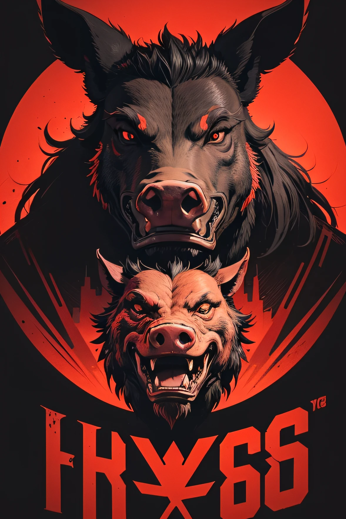 Red and black boar heads，with black background, Stylized cyberpunk pighead logo, Pig head fangs, colored illustration for tattoo, Wild boar's head, Wild pigs of hell, mascot illustrations, Highly detailed illustration.”, Alpha wild boar head, red demon cyberpunk symbols, monochrome and red color bleed, Large fangs in the mouth 2 large fangs in the mouth of a wild boar