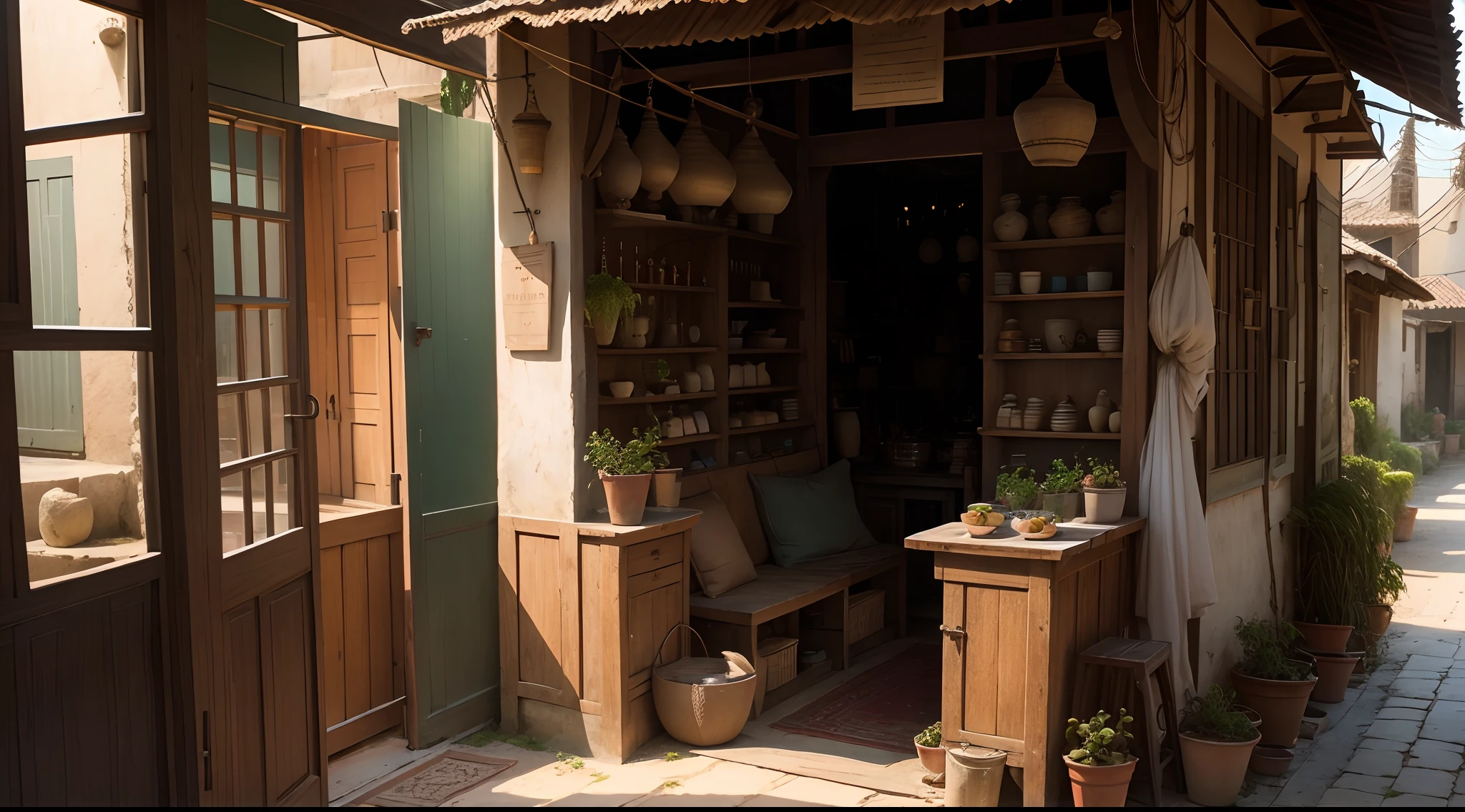 view from a little corner of a shop of 5th century ancient India, rural, Indian Kulturkreis, tranquility, simple, plants, table, wooden counter, wooden architecture, India, shops or stall or bazaar, afternoon, quiet, 5th century, ancient, no man, no woman, no girl, no boy, no person, no people, no boat, no ship, no asphalt road, no electricity, no wire