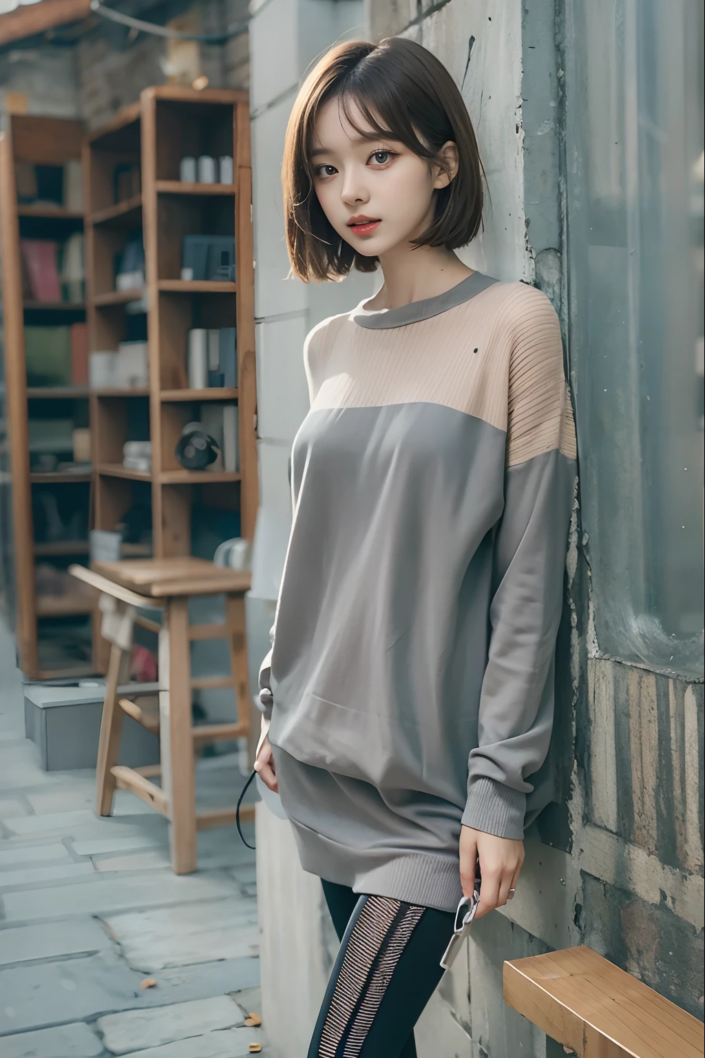 Top image quality、Raw photography、超A high resolution、An 18-year-old woman、Shooting for one person only、modelshoot、Autumn outfit、Fashionable clothes、student clothes、Beautiful Eyes of Details、very elongated eyes、Beautiful eyelashes、Beautiful double eyelids、very slender legs、Shorthair with light brown hair、very slender physique、Gray walls