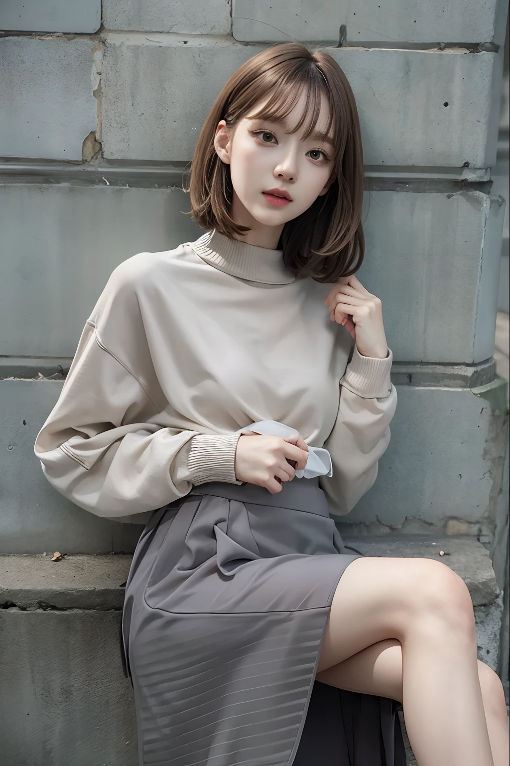 Top image quality、Raw photography、超A high resolution、An 18-year-old woman、Shooting for one person only、modelshoot、Autumn outfit、Fashionable clothes、student clothes、Beautiful Eyes of Details、very elongated eyes、Beautiful eyelashes、Beautiful double eyelids、very slender legs、Shorthair with light brown hair、very slender physique、Gray walls