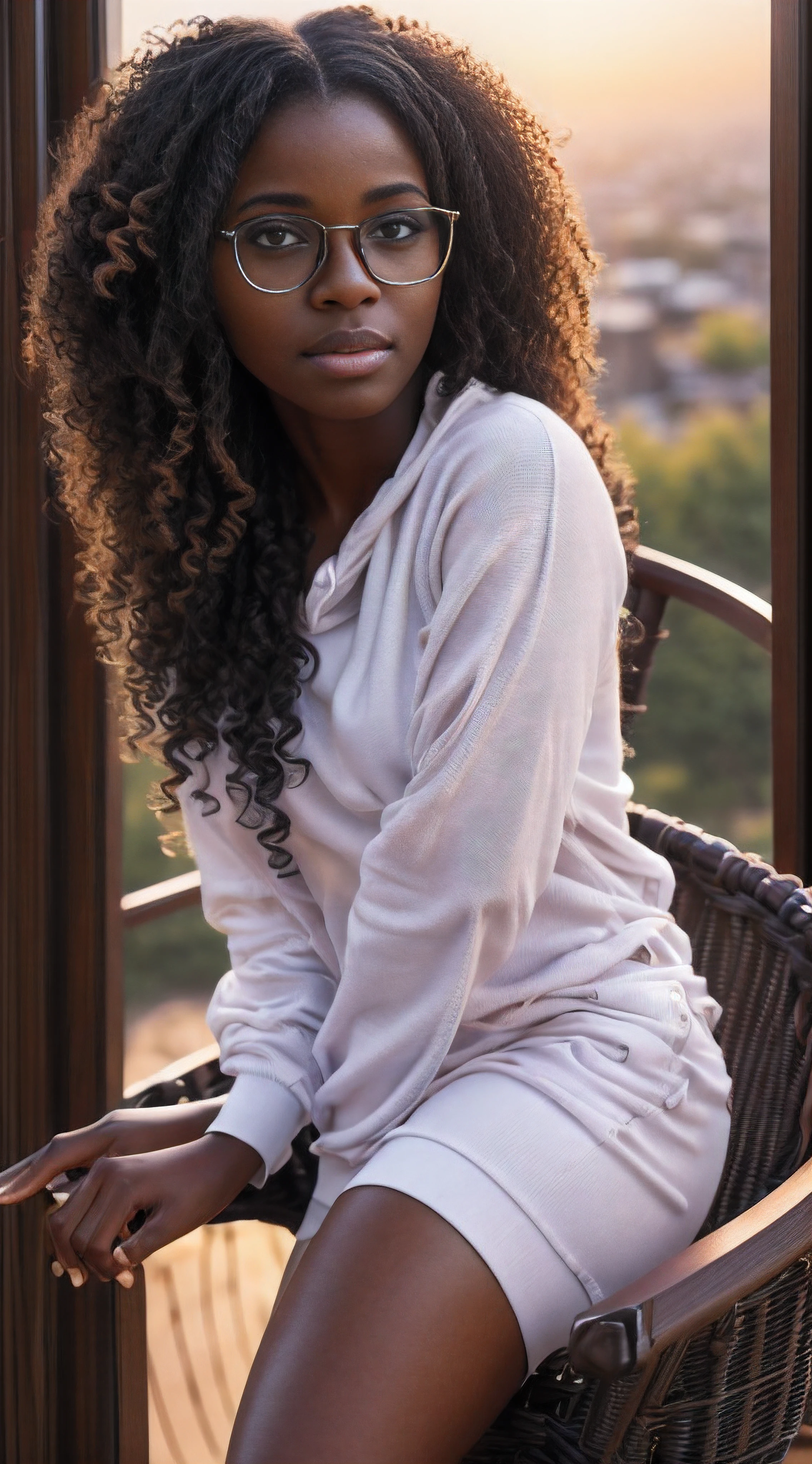 realistic portrait of a cute twenty-year-old African-American girl ((dark skin color)) reading a book, ((sitting in a chair by the window during a sunset)), ((wearing glasses, suffers from heterochromia)) dressed in a purple sweatshirt and jeans, current fashion, long curly hair, mega curly, ((kanekalon)), dark background lighting, close-up, product vision, detailed facial details, perfect face, sharpness, trend art, sharp facial details, cgsociety, ultra high quality digital art, hyper exquisite details, 4K, 8K soft lighting, dreamy --ISO 100, fashion