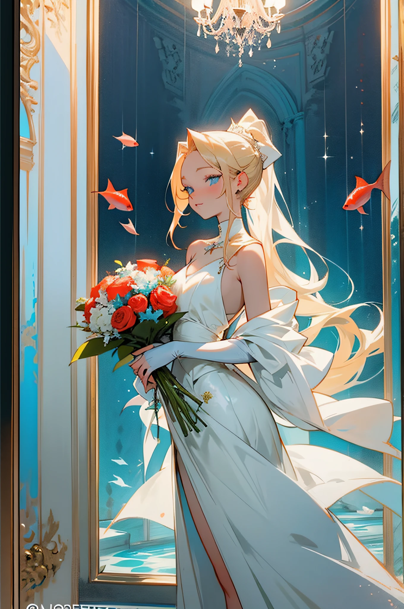 Beautiful anime blonde girl holding wine glass in front of aquarium. She wore a white dress with a plunging neckline and red roses pinned to her chest.. Her long hair was pulled back in a ponytail., And her bright blue eyes sparkle.. The girl stood in an elegant room with high ceilings and marble floors.. Her back aquarium is filled with colorful fish and coral reefs.. Chandelier hanging from the ceiling, And there's a vase of red roses on the table next to the aquarium.. The overall impression of the image is one of elegance and sophistication.. The girl is clearly a beauty., and luxurious and luxurious settings.. Aquarium in the background adds a touch of weirdness and wonder..