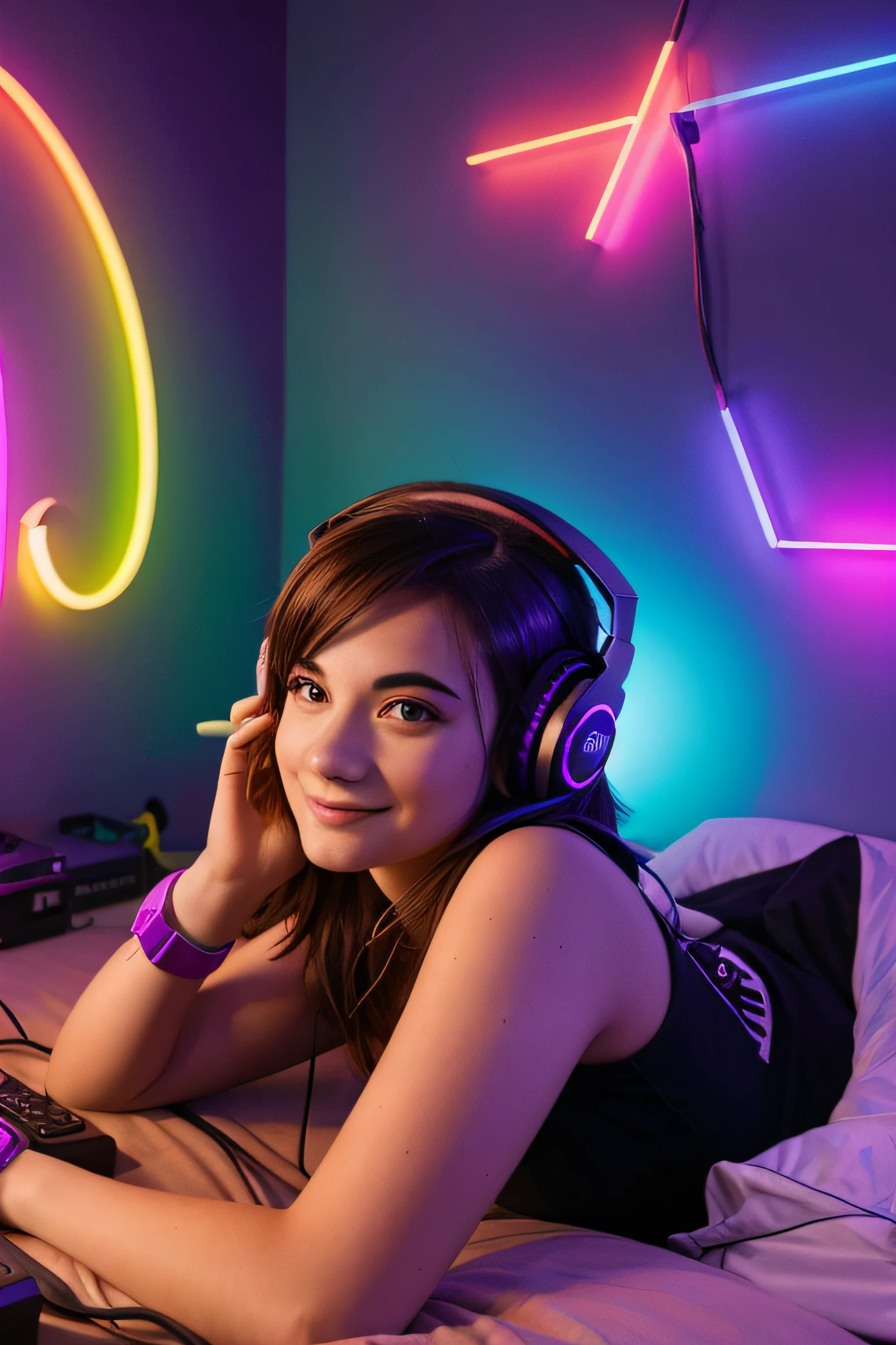 female twitchstreamer, 1girl, wearing headphones, colorful lighting, gamer bedroom