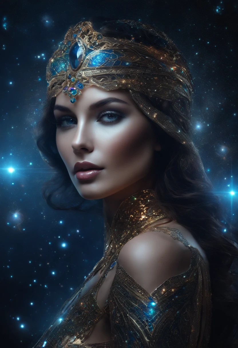 cosmic woman, olhos claros brilhantes, Biomechanicals, estranho, inteligencia virtual, cores muito brilhantes, light particles, com luz brilhante, Mshiff, Arte do papel de parede, Papel de parede UHD holograma, small lips, beautiful smile