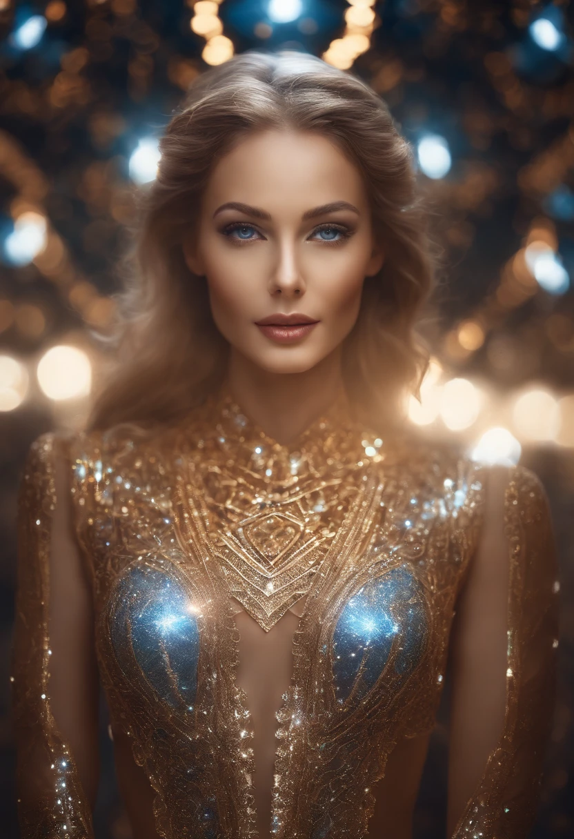 cosmic woman, olhos claros brilhantes, Biomechanicals, estranho, inteligencia virtual, cores muito brilhantes, light particles, com luz brilhante, Mshiff, Arte do papel de parede, Papel de parede UHD holograma, small lips, beautiful smile