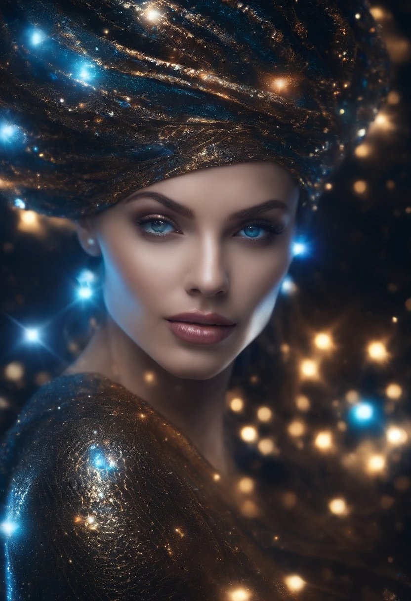 cosmic woman, olhos claros brilhantes, Biomechanicals, estranho, inteligencia virtual, cores muito brilhantes, light particles, com luz brilhante, Mshiff, Arte do papel de parede, Papel de parede UHD holograma, small lips, beautiful smile