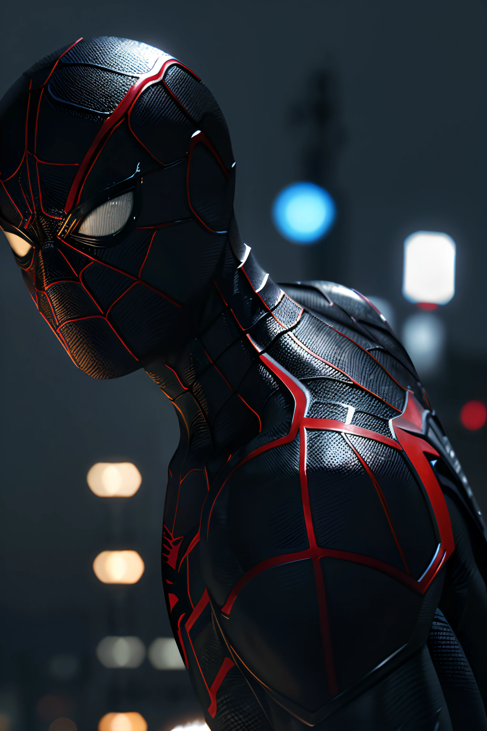 Black-Spiderman, robot armor, Miles Morales, perfect lighting, head picture, look at camera, with a broken mask, Night, Hard Rain, ultra realistic 4k, award-winning digital art, (extremely detailed: 1.5), (soft lighting:1.2), high town background. Text Spiderman
