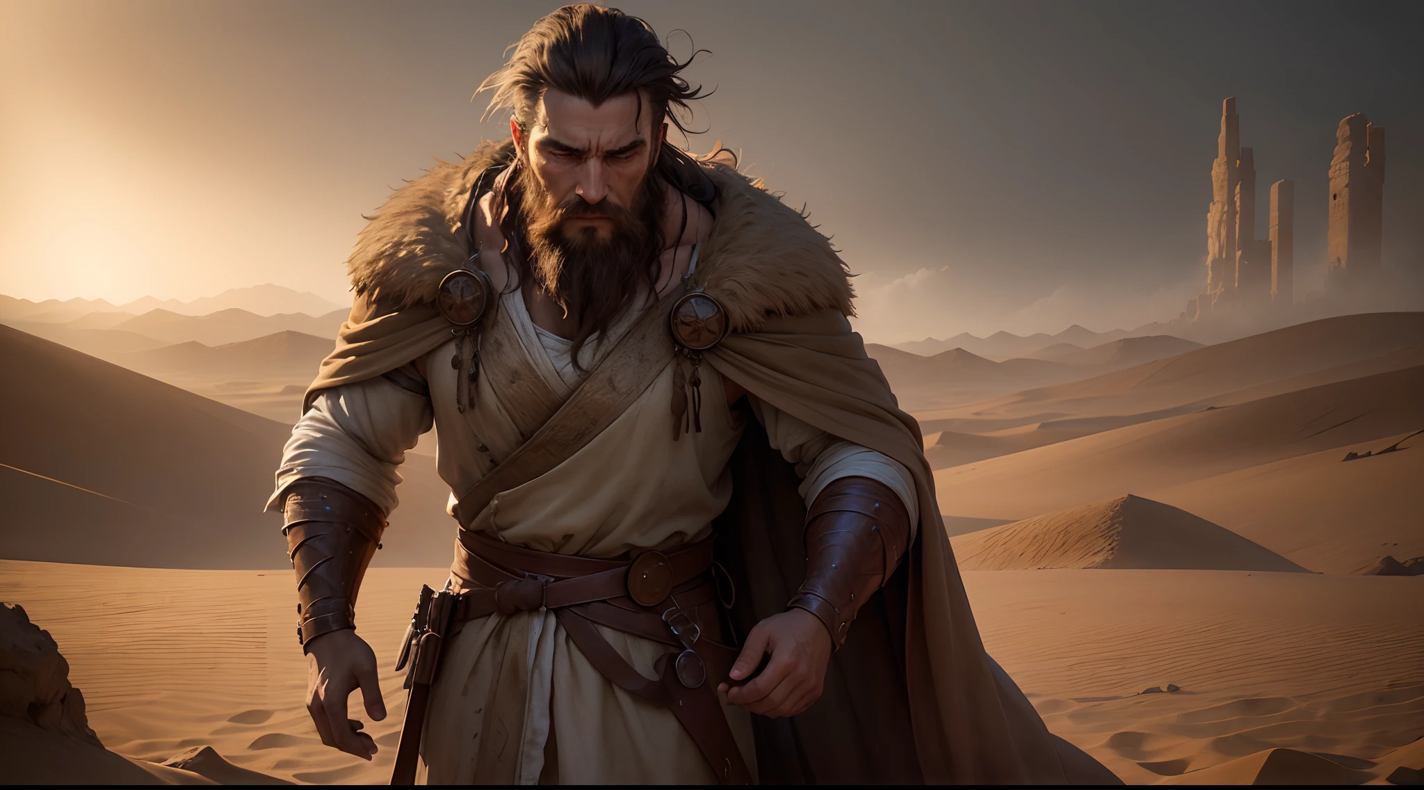 (best quality,4k,8k,highres,masterpiece:1.2),ultra-detailed,(realistic,photorealistic,photo-realistic:1.37),man,25 years old,biblical times,portrait,dark hair,beard,zoomed-in,serious expression,looking away,charcoal drawing,weathered skin,fine lines,highlights and shadows,religious context,dramatic lighting,desert background,sandstorm brewing,cracked ground,dust particles floating,worn-out robe,stoic pose,gritty texture,vibrant colors,bronze tones,ancient atmosphere,candlelight flickering,soft glow,hope and determination,rays of sunlight piercing through clouds,lone figure standing tall,faithful and resilient spirit.