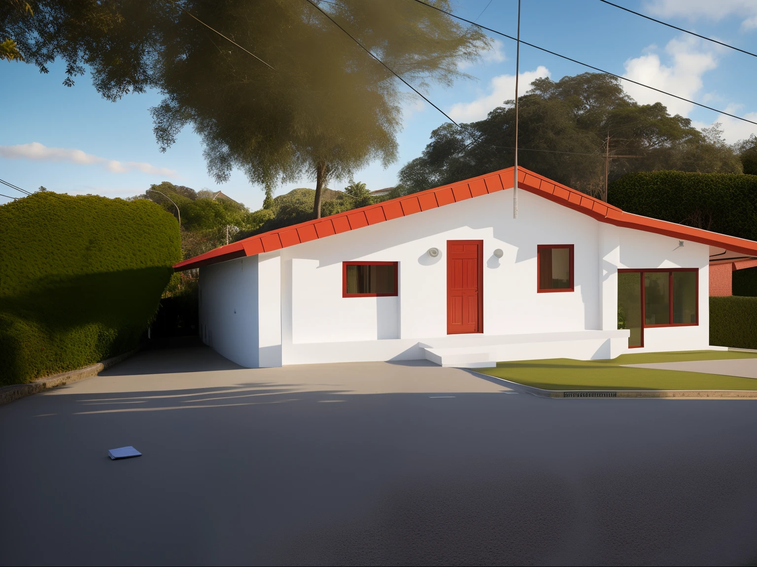 There is a small white house with a red roof and a car parked in front, Frente, vista externa, vista exterior, imagem frontal, casa completa, Vista frontal, uma casa, vista frontal, visto de fora, casa velha, vista lateral frontal, location of a dark old house, Front view, foto de mau estado, imagem real