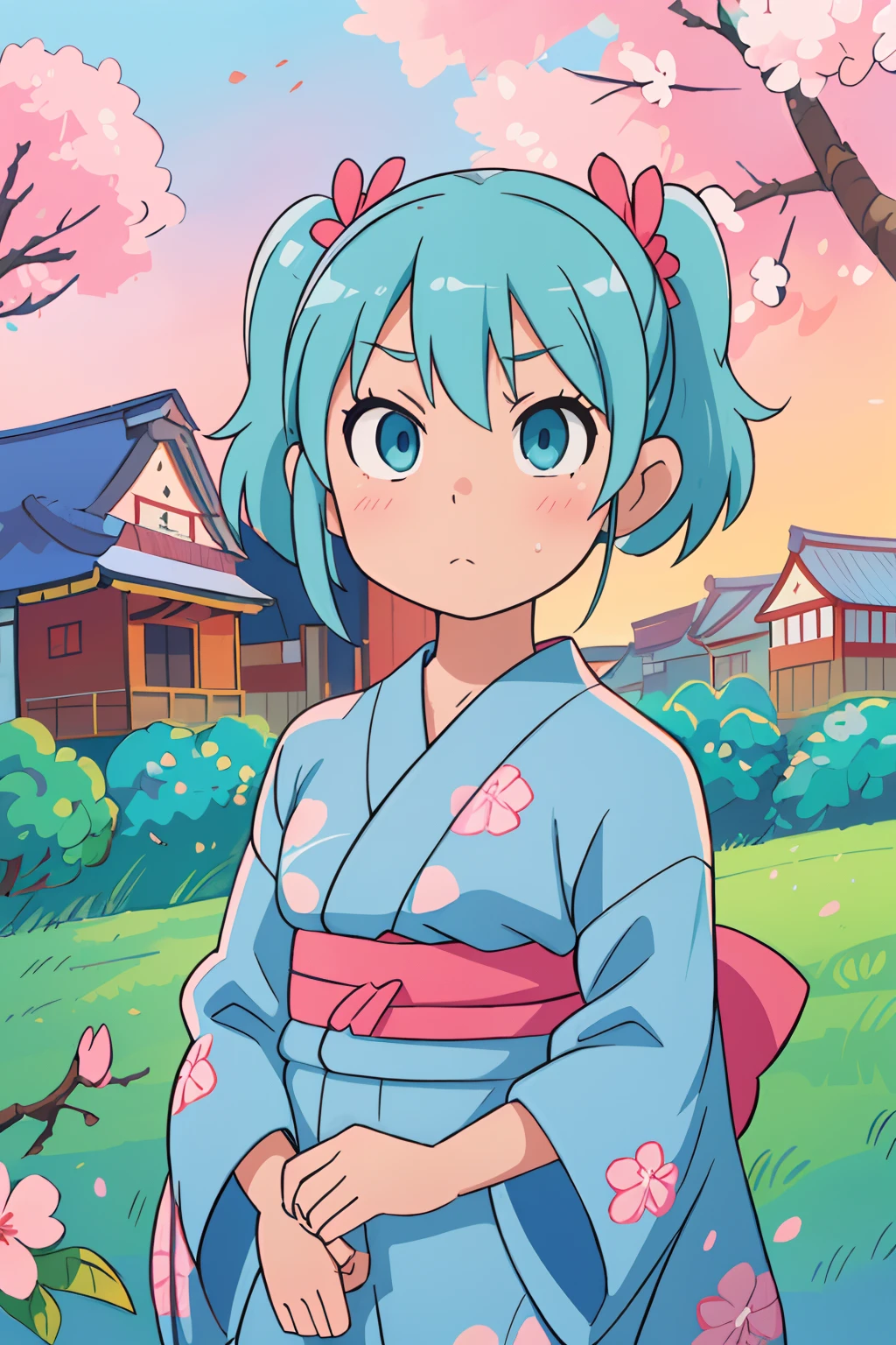 (girl,blue aqua hair, twintail hair,sky-blue eyes,kimono with cherry blossom pattern,2 Japanese houses,flowering cherry tree,sunset),traditional Japanese painting,ultra-detailed,highres,vivid colors,soft lighting