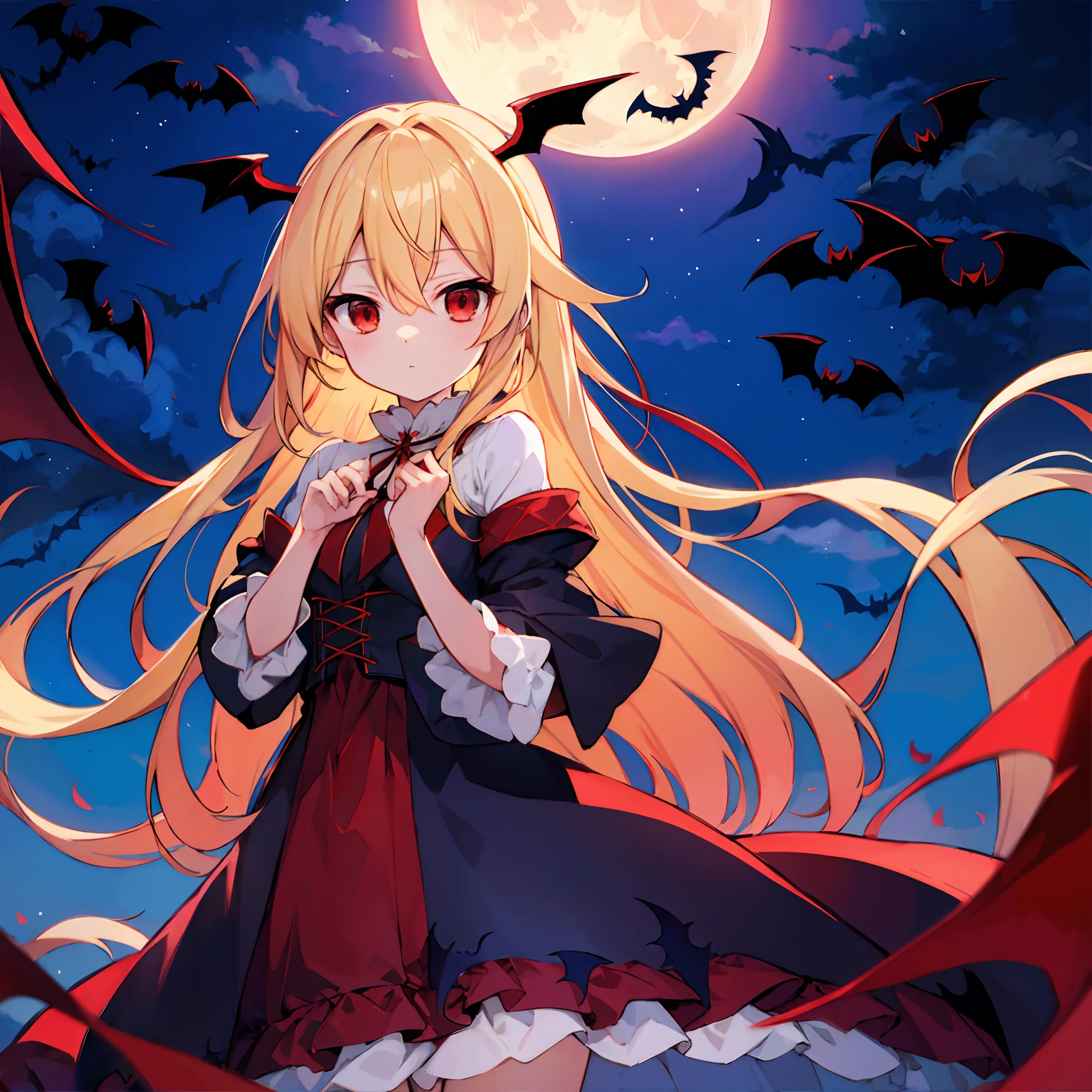 Long Blonde Hair、red eyes、One beautiful vampire girl、Fluffy clothes、a moon、Midnight、the bats