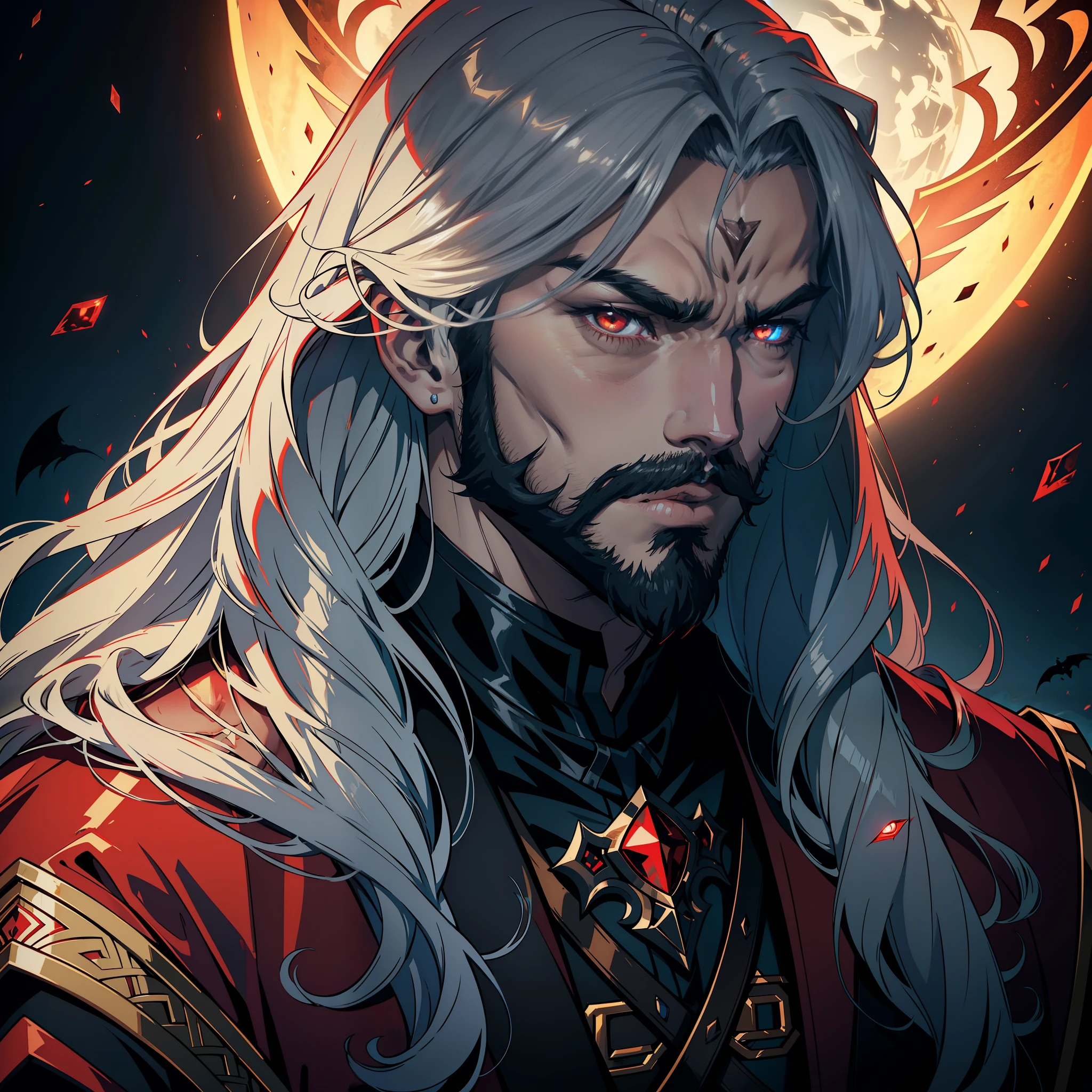 Castlevania Shadow Lord of the shadows hyper realistic white long hair super detailed face portrait of handsome muscular lord with fierce beard dracula look crystal red glowing bright face beautiful face portrait face handsome male
