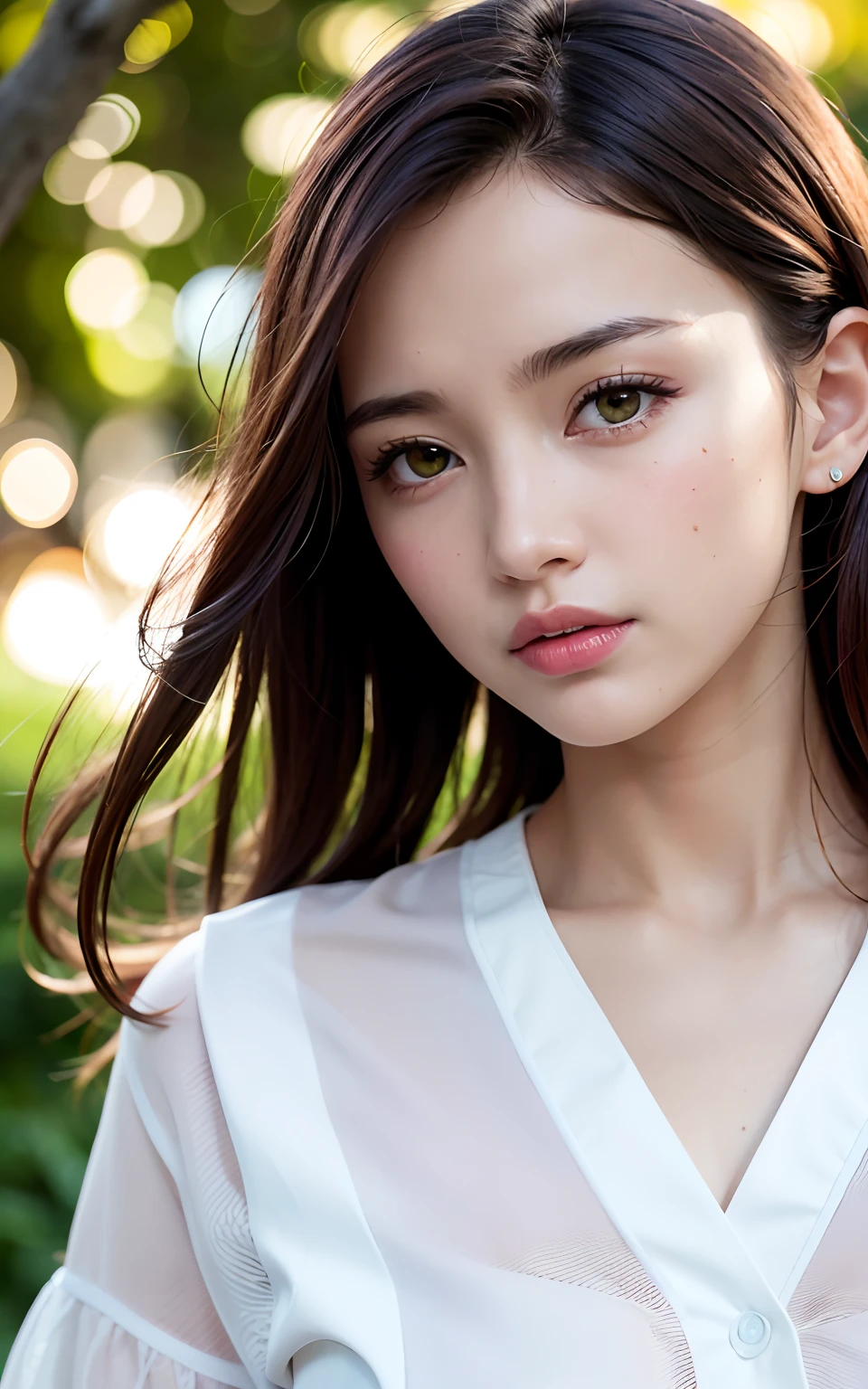 masutepiece, Best Quality, 8K, 1girl in, right hand, Correct human finger, 24 I, close up of face, Cute, Girly, Delicate girl, Neat and clean beauty, medium breasts⁩, Luminescent, Looking away, Raw photo, F/1.8, 135 mm, NIKON, Anatomically correct, Bokeh，Textured skin, Professional Photography, Portrait, Soft light, Professional Lighting, Back Light, Film grain, (Eyes and faces with detailed:1.0), Brown hair, Medium hair swaying in the wind, silk shirt