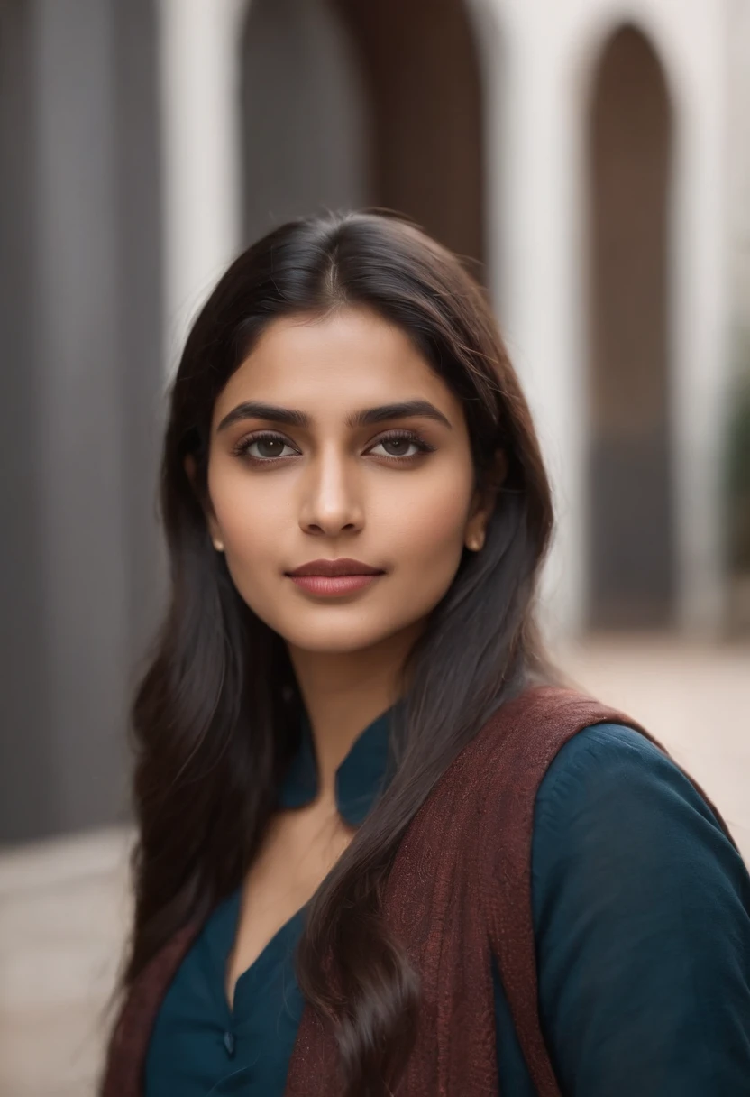 portrait of a confident Indian woman in a modern attire in a college with books in hand , 20 years old, confident, top notch 3d model, extremely beautiful, realistic, intricate facial details, no flowing capes, high quality, super detailed, hyper realistic, 8k, studio photo