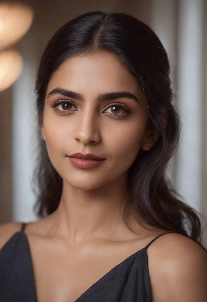 portrait of a confident Indian woman in a modern attire in a college with books in hand , 20 years old, confident, top notch 3d model, extremely beautiful, realistic, intricate facial details, no flowing capes, high quality, super detailed, hyper realistic, 8k, studio photo