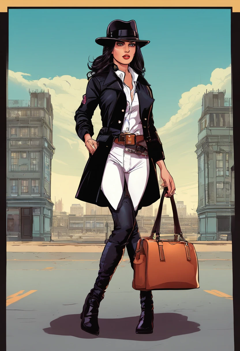 full body British women, blue eyes, black hair, wear a classic black round hat, white shirt, dark vest, dark long jacket, a belt with silver buckle, dark leather trousers, black boot, she bring a leather bag in her left hand, she is serious woman with big ambition, she live in British industrial era